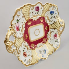 Samuel Alcock Porcelain Dish, Maroon, Gilt and Flowers, Rococo Revival, ca 1835