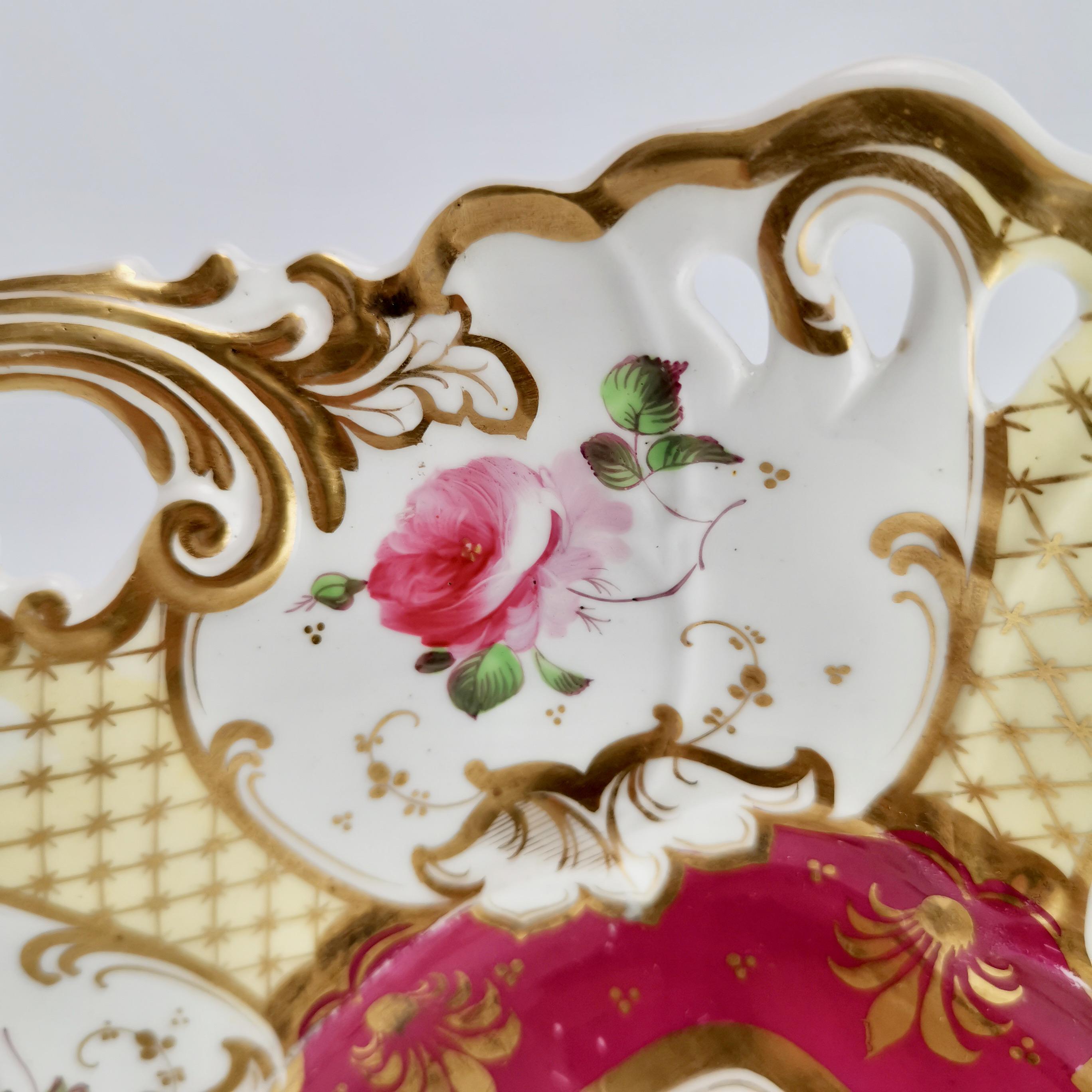 English Samuel Alcock Porcelain Dish, Maroon, Gilt and Flowers, Rococo Revival, ca 1835