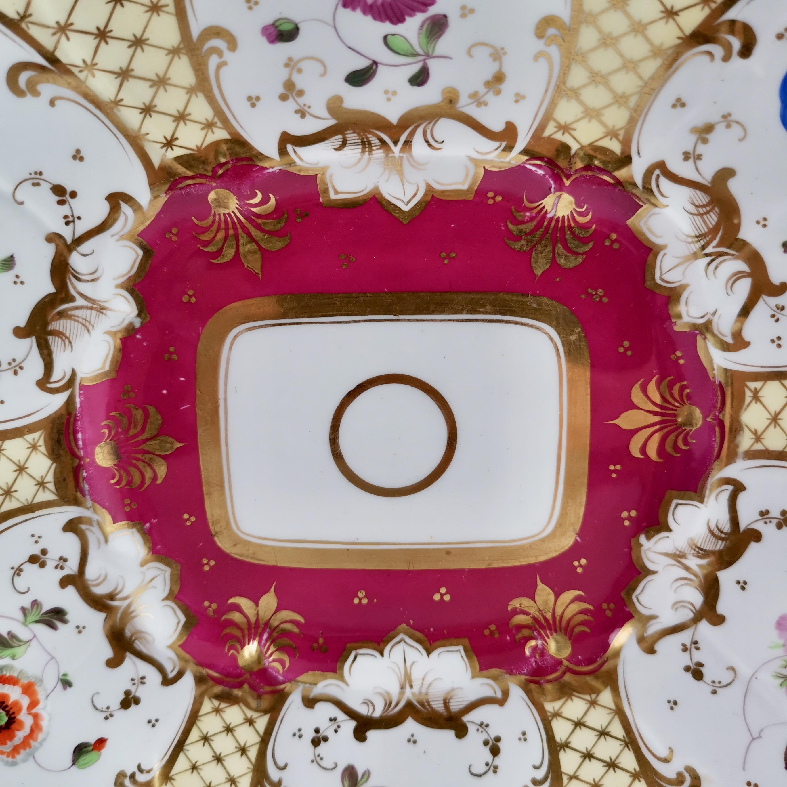 Hand-Painted Samuel Alcock Porcelain Dish, Maroon, Gilt and Flowers, Rococo Revival, ca 1835