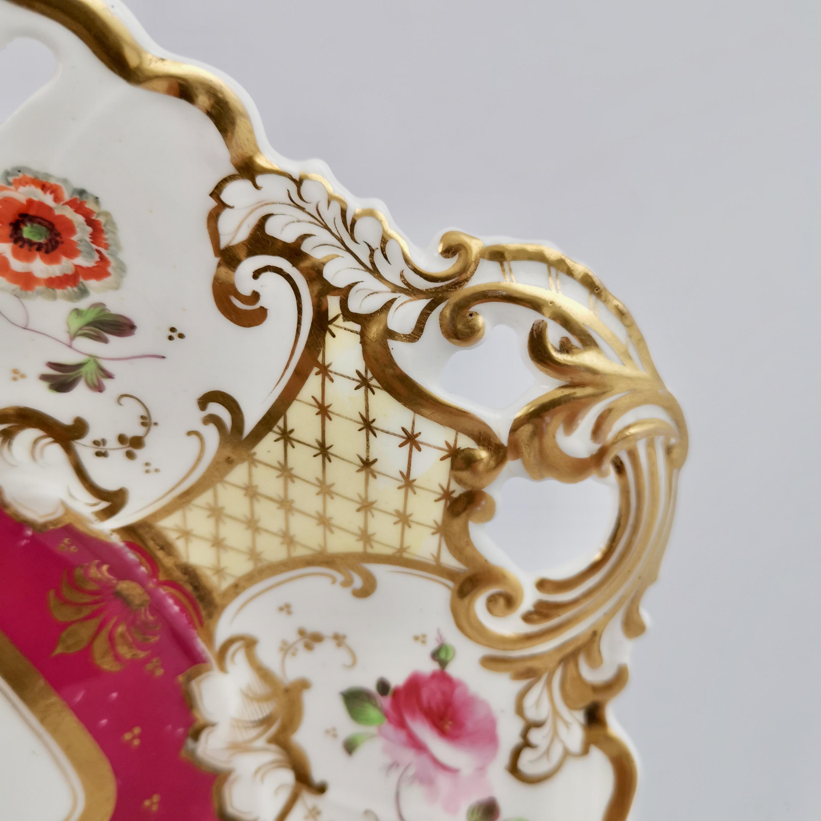 Mid-19th Century Samuel Alcock Porcelain Dish, Maroon, Gilt and Flowers, Rococo Revival, ca 1835