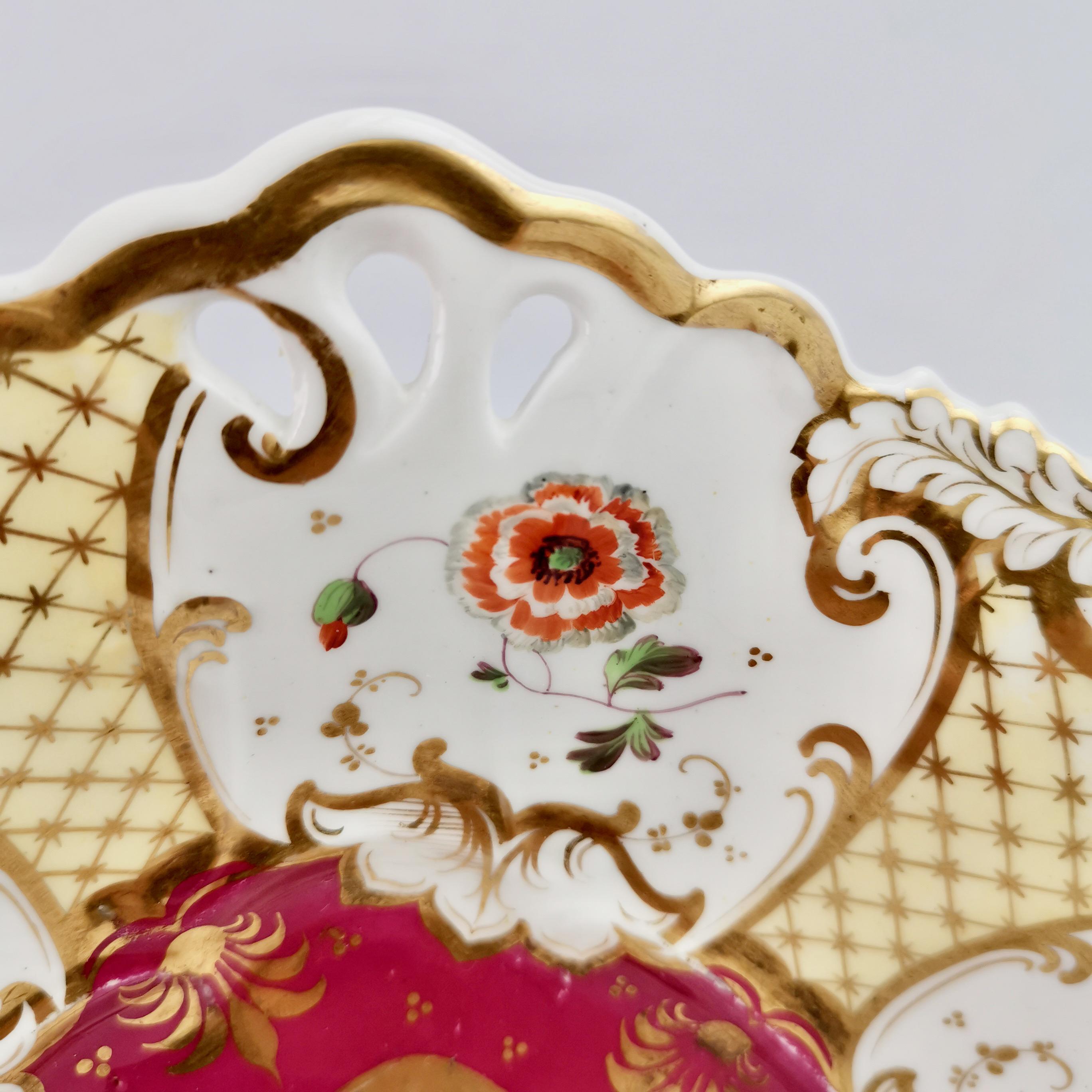 Samuel Alcock Porcelain Dish, Maroon, Gilt and Flowers, Rococo Revival, ca 1835 1