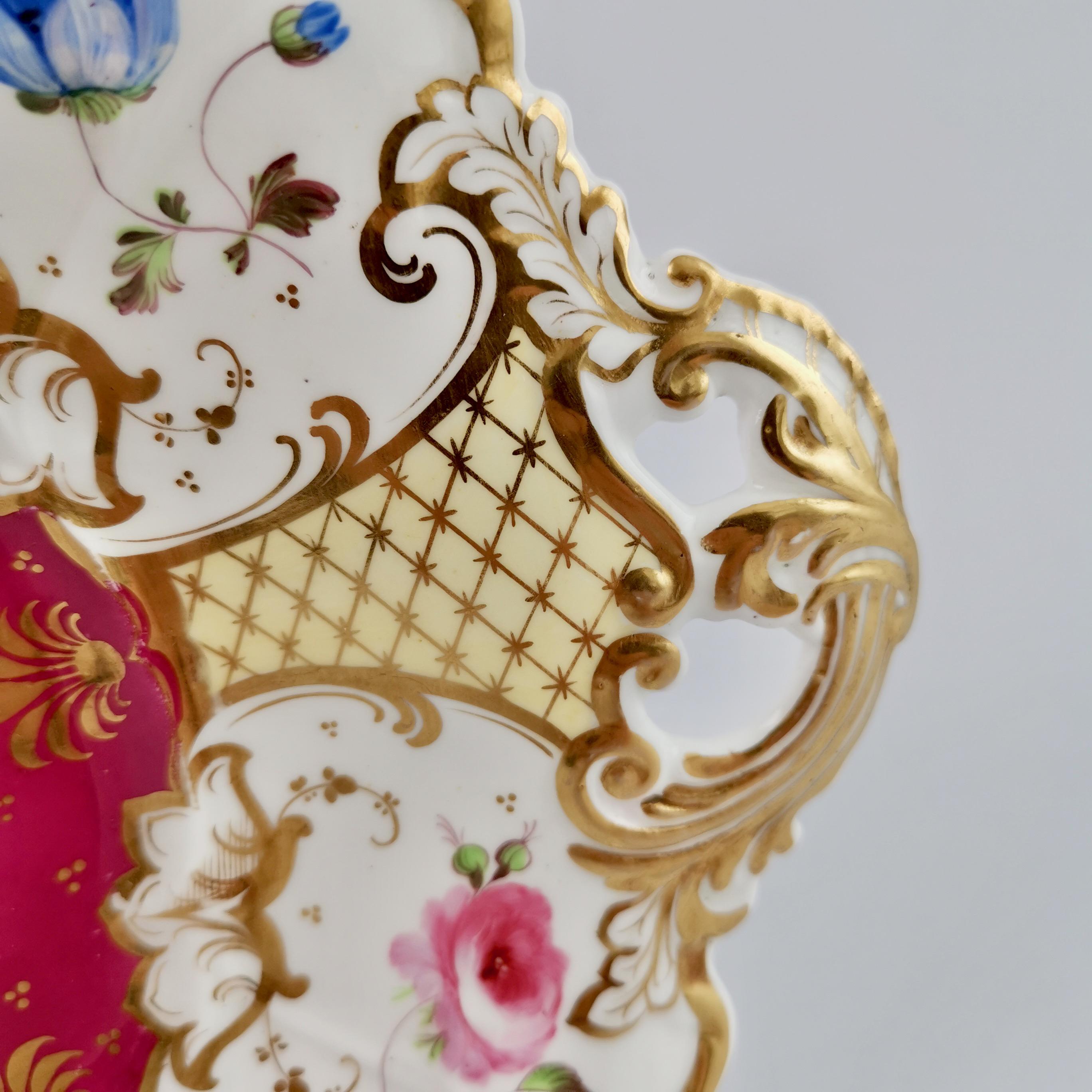 Samuel Alcock Porcelain Dish, Maroon, Gilt and Flowers, Rococo Revival, ca 1835 2