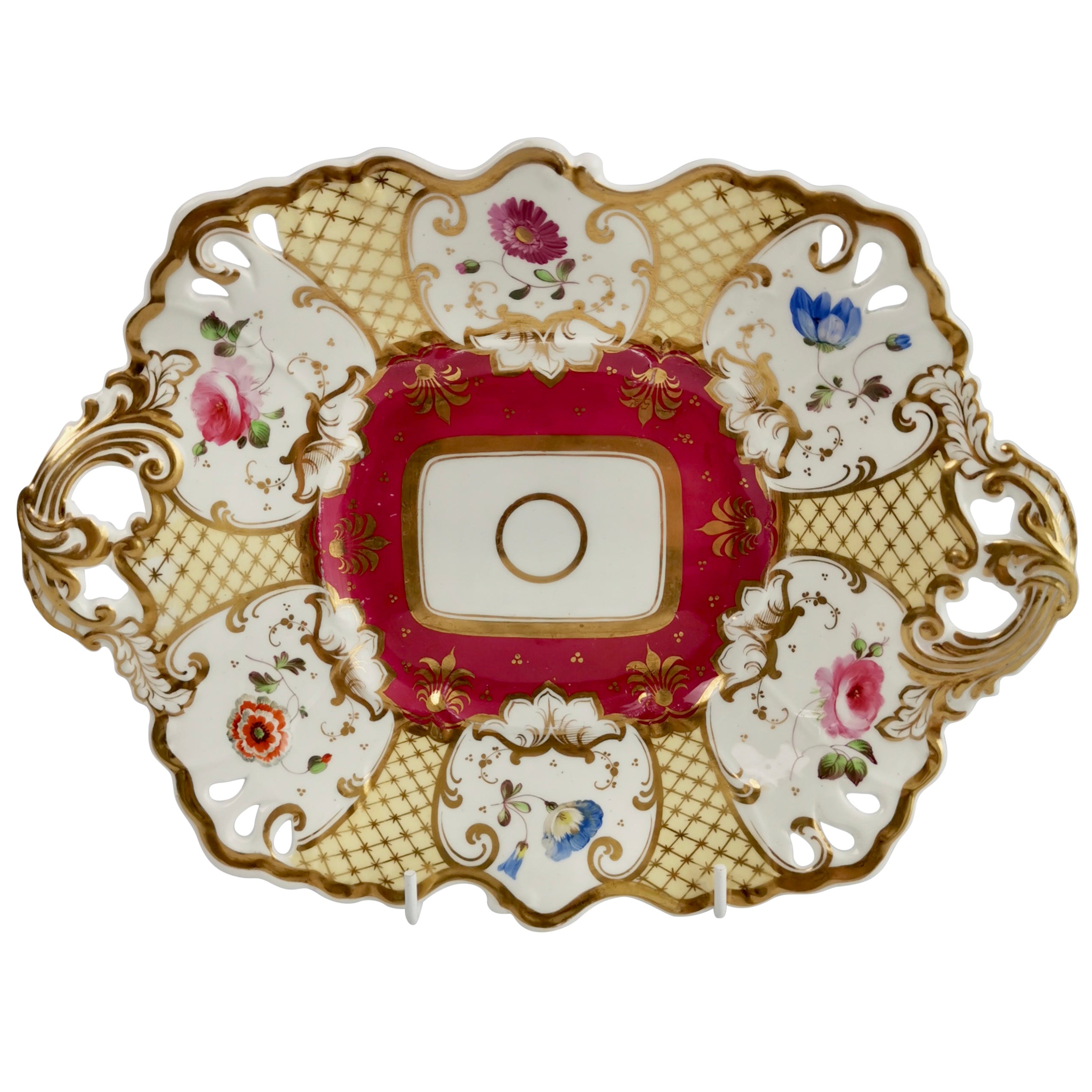 Samuel Alcock Porcelain Dish, Maroon, Gilt and Flowers, Rococo Revival, ca 1835