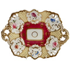 Samuel Alcock Porcelain Dish, Maroon, Gilt and Flowers, Rococo Revival, ca 1835