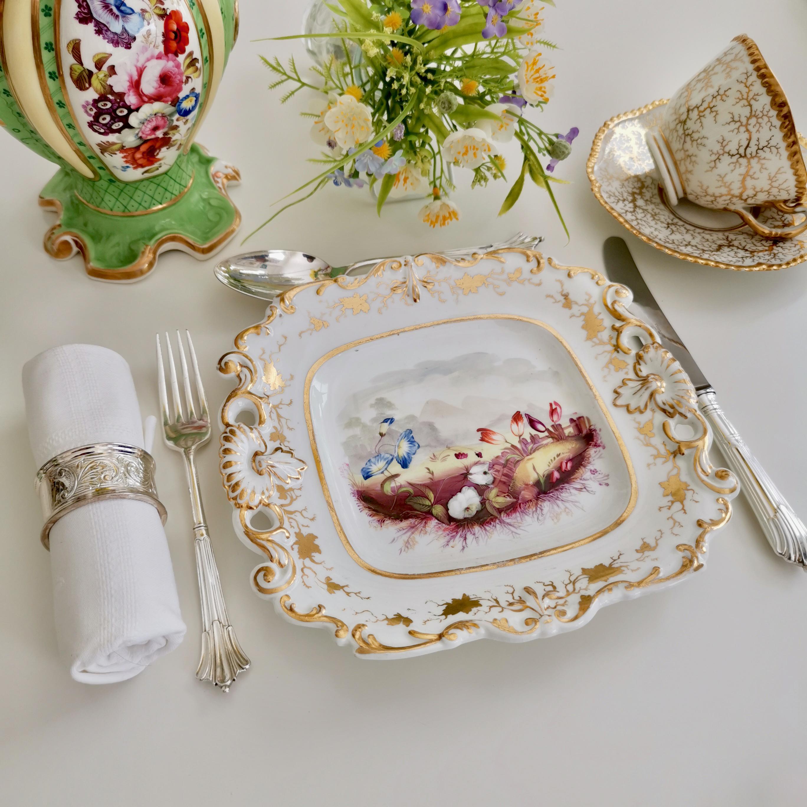 This is a very striking and rare square dessert serving dish made by Samuel Alcock, circa 1822. The dish has a hand painted flower landscape in an unusual style. The dish has provenance; it came from the Reference collection of Geoffrey A. Godden,