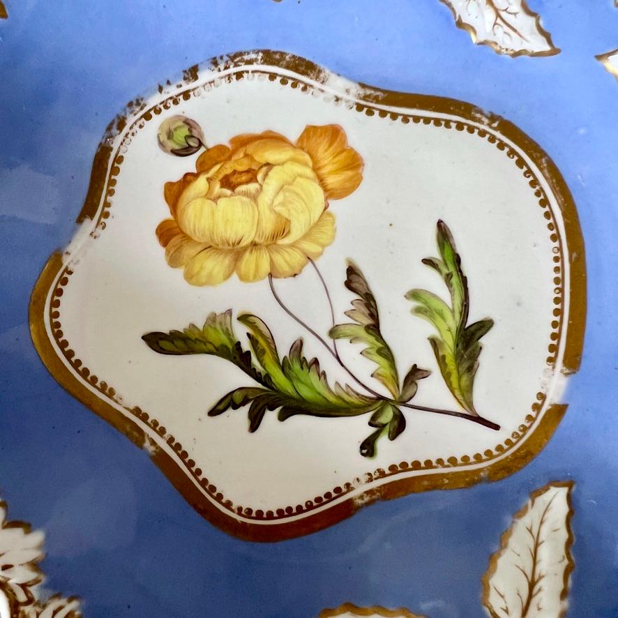 Regency Samuel Alcock Porcelain Leaf Dish, Periwinkle Blue with Yellow Flower, ca 1822 For Sale