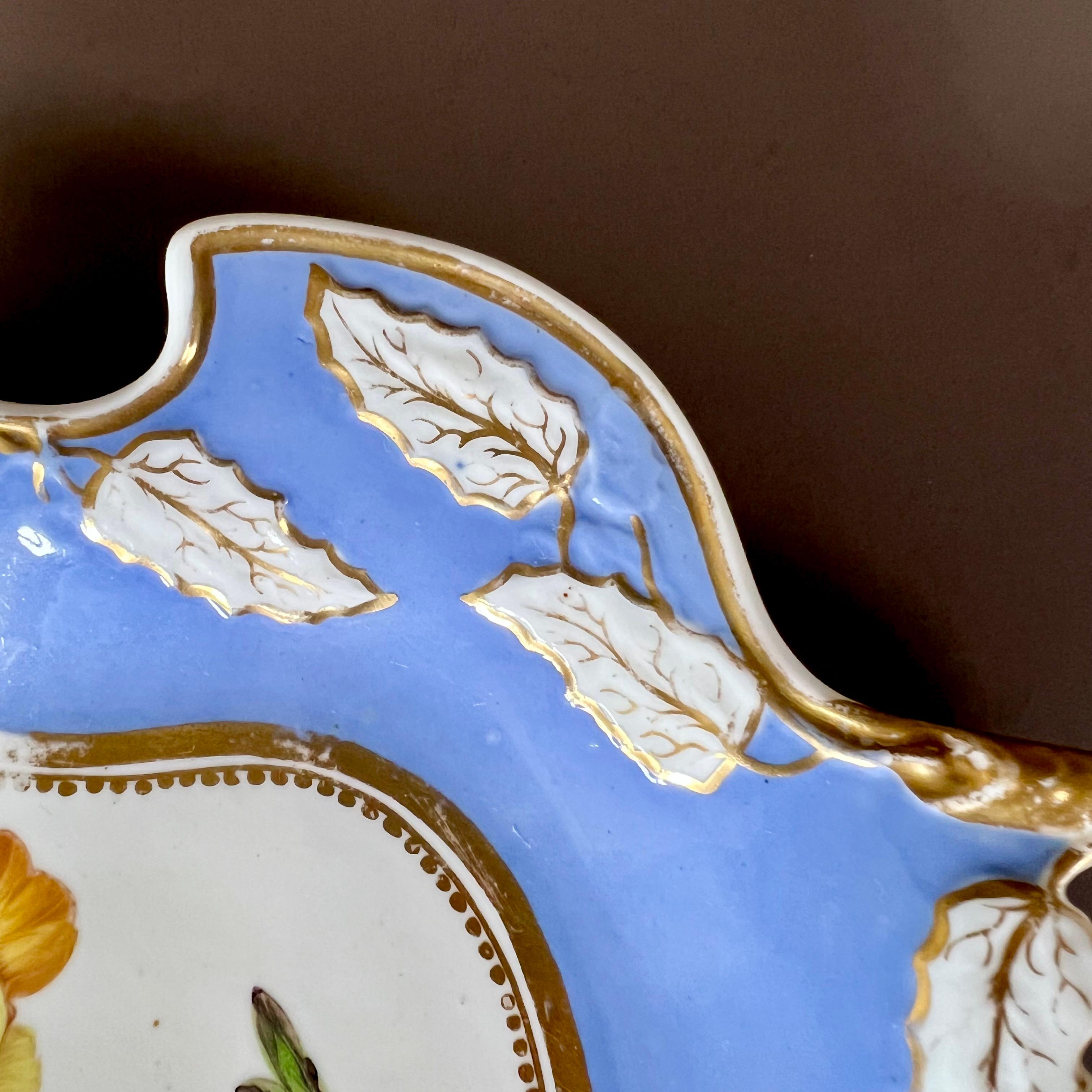 English Samuel Alcock Porcelain Leaf Dish, Periwinkle Blue with Yellow Flower, ca 1822 For Sale