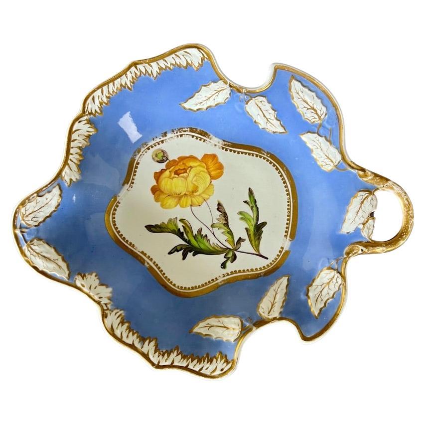 Samuel Alcock Porcelain Leaf Dish, Periwinkle Blue with Yellow Flower, ca 1822 For Sale