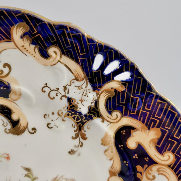Hand-Painted Samuel Alcock Porcelain Plate, Cobalt Blue, Flowers, Rococo Revival ca 1845 ‘1’ For Sale