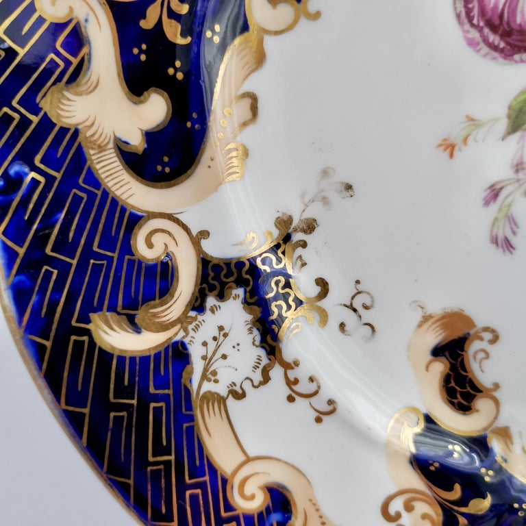 Mid-19th Century Samuel Alcock Porcelain Plate, Cobalt Blue, Flowers, Rococo Revival ca 1845 ‘1’ For Sale
