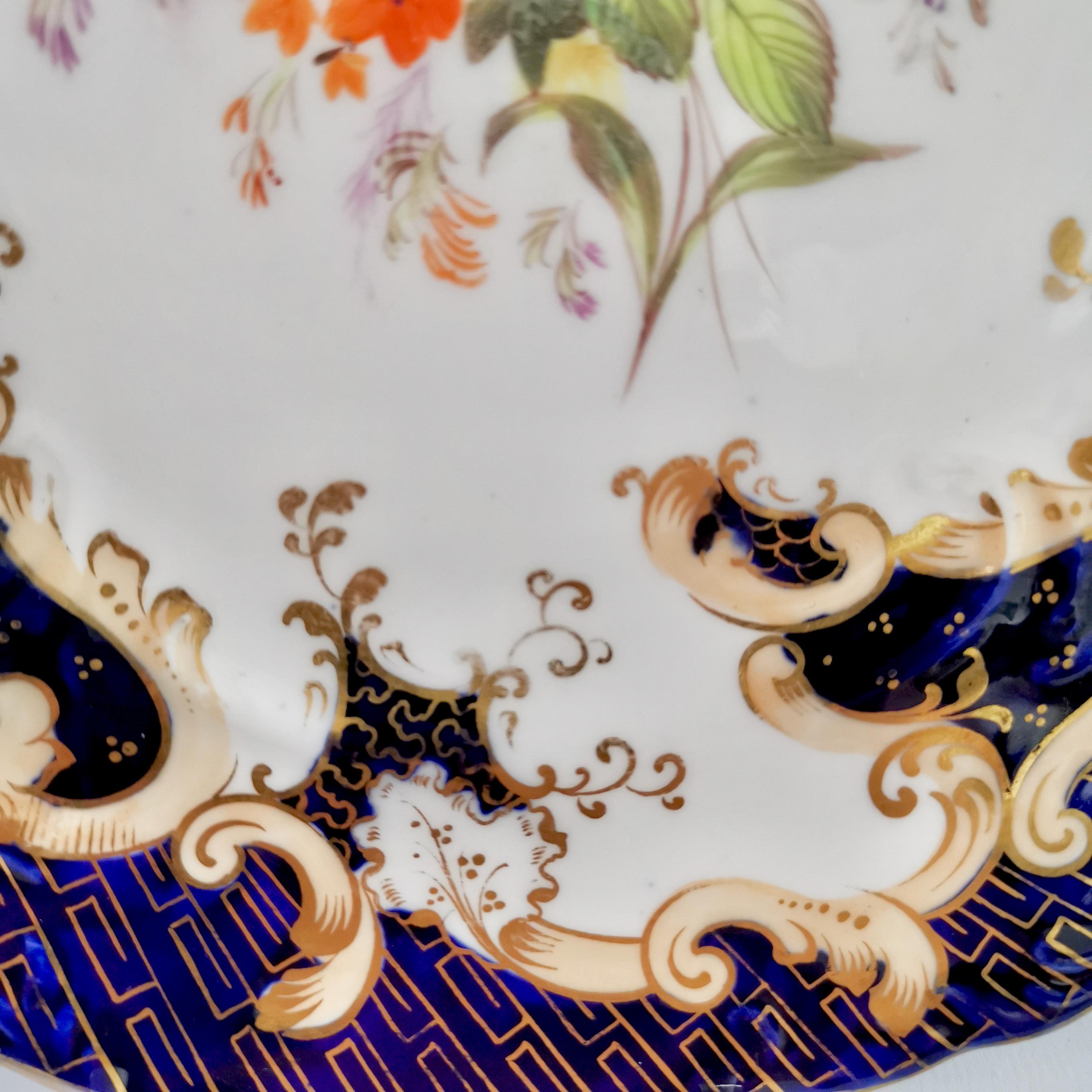 Samuel Alcock Porcelain Plate, Cobalt Blue, Flowers, Rococo Revival ca 1845 ‘1’ In Good Condition In London, GB