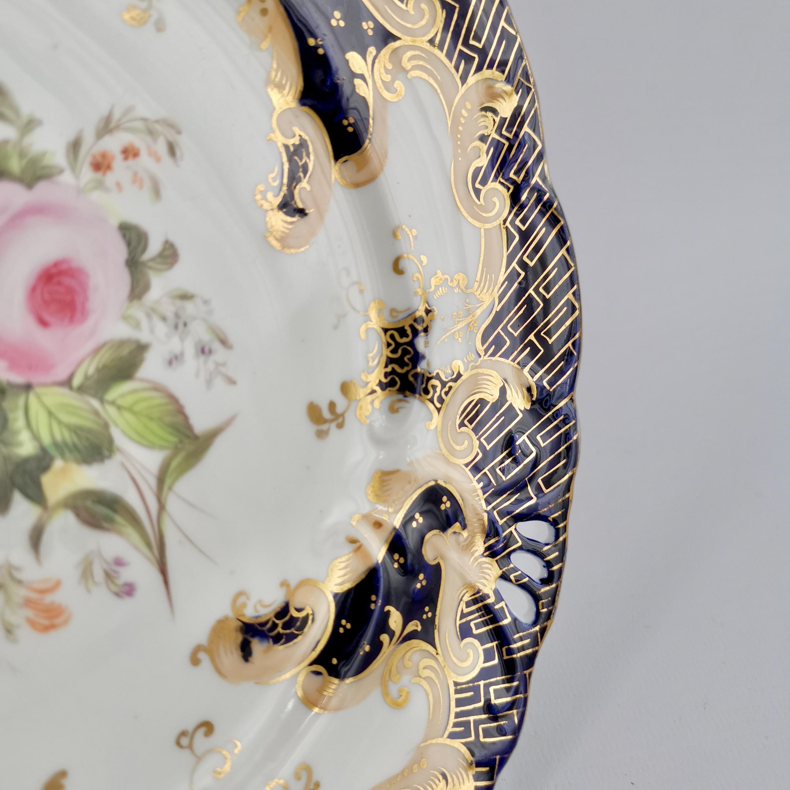 Mid-19th Century Samuel Alcock Porcelain Plate, Cobalt Blue, Flowers, Rococo Revival ca 1845 ‘1’