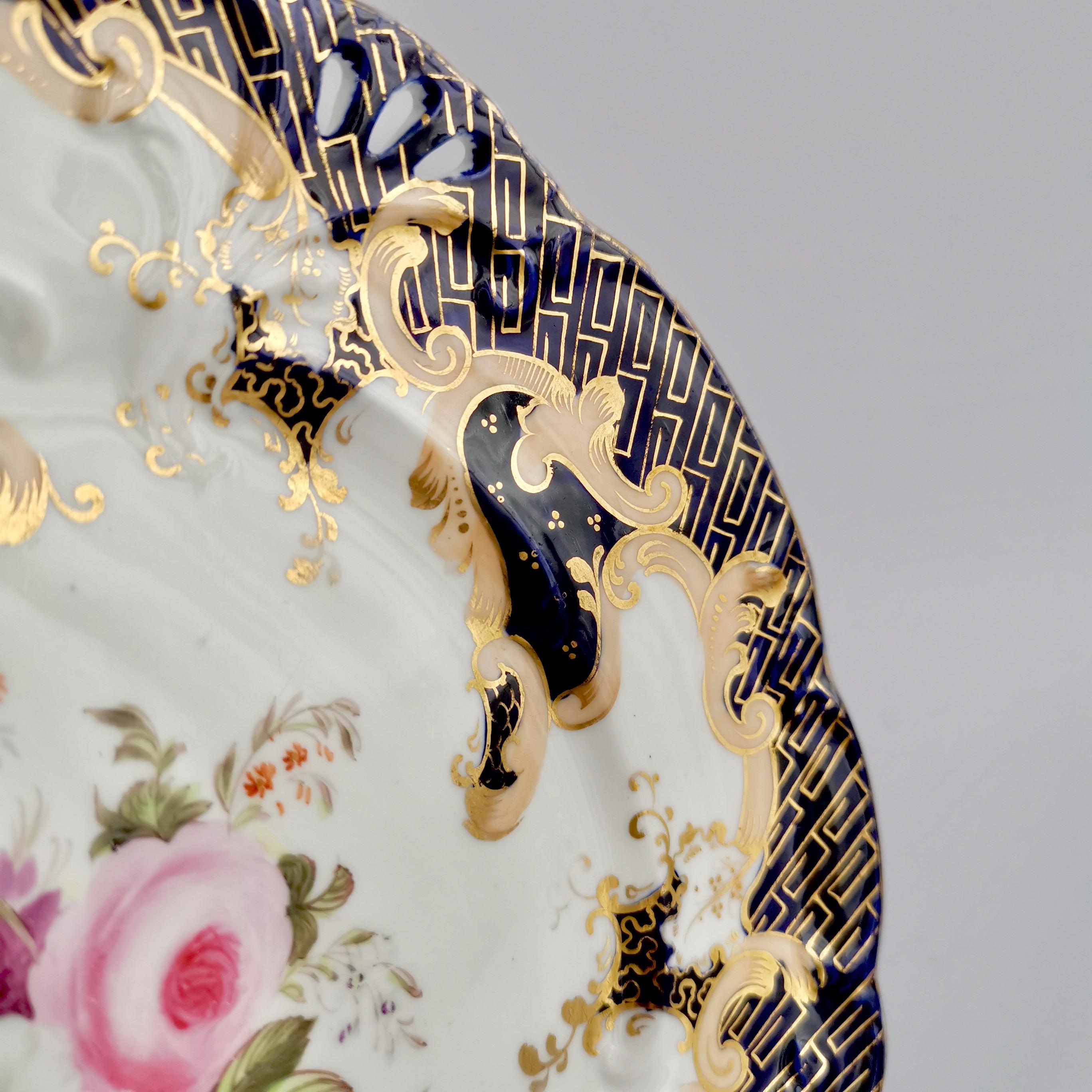 Samuel Alcock Porcelain Plate, Cobalt Blue, Flowers, Rococo Revival ca 1845 ‘1’ 1