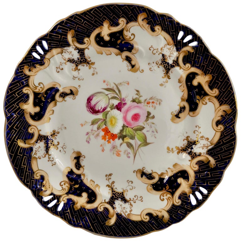 Samuel Alcock Porcelain Plate, Cobalt Blue, Flowers, Rococo Revival ca 1845 ‘1’ For Sale