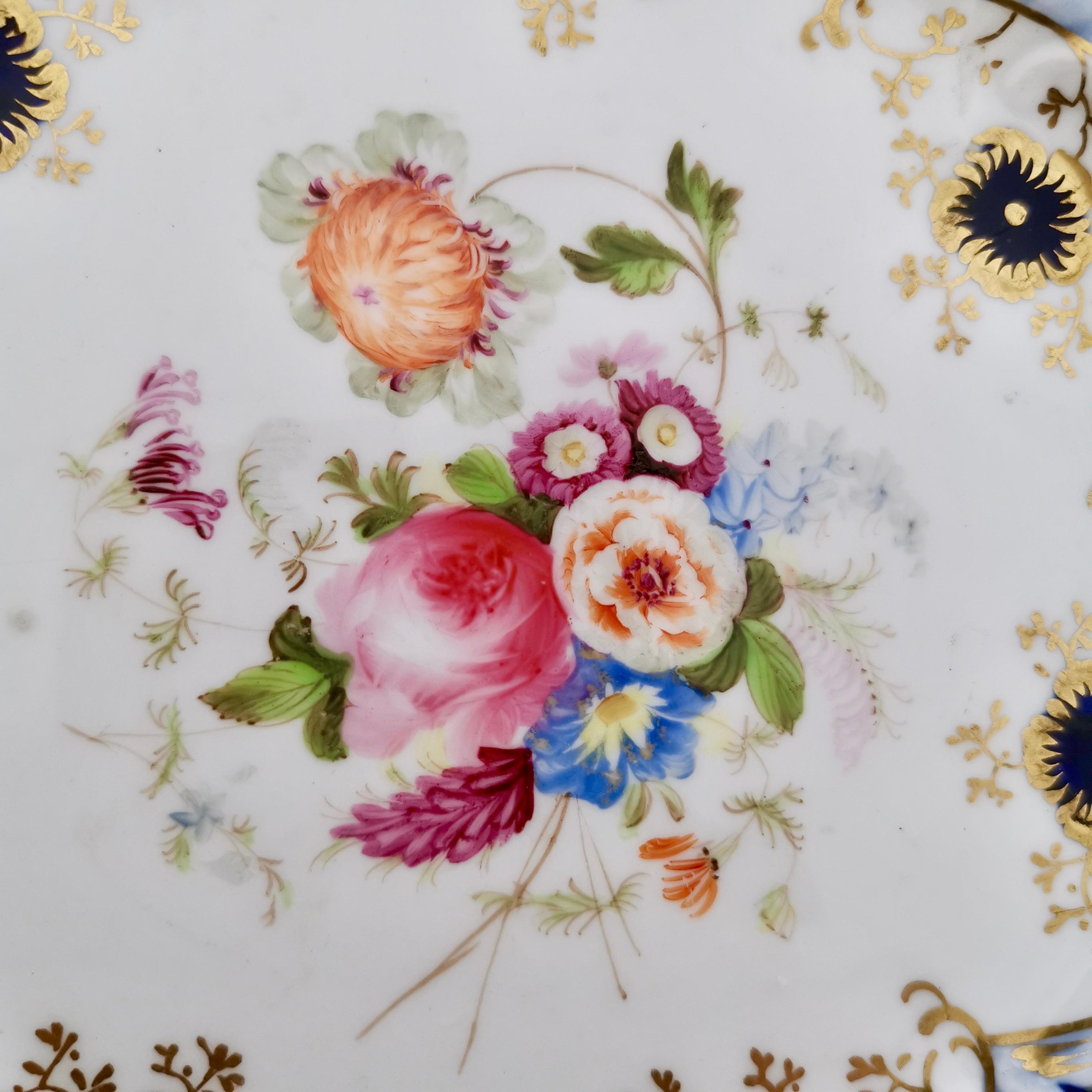English Samuel Alcock Porcelain Plate, Cobalt Blue, Flowers, Rococo Revival, ca 1845