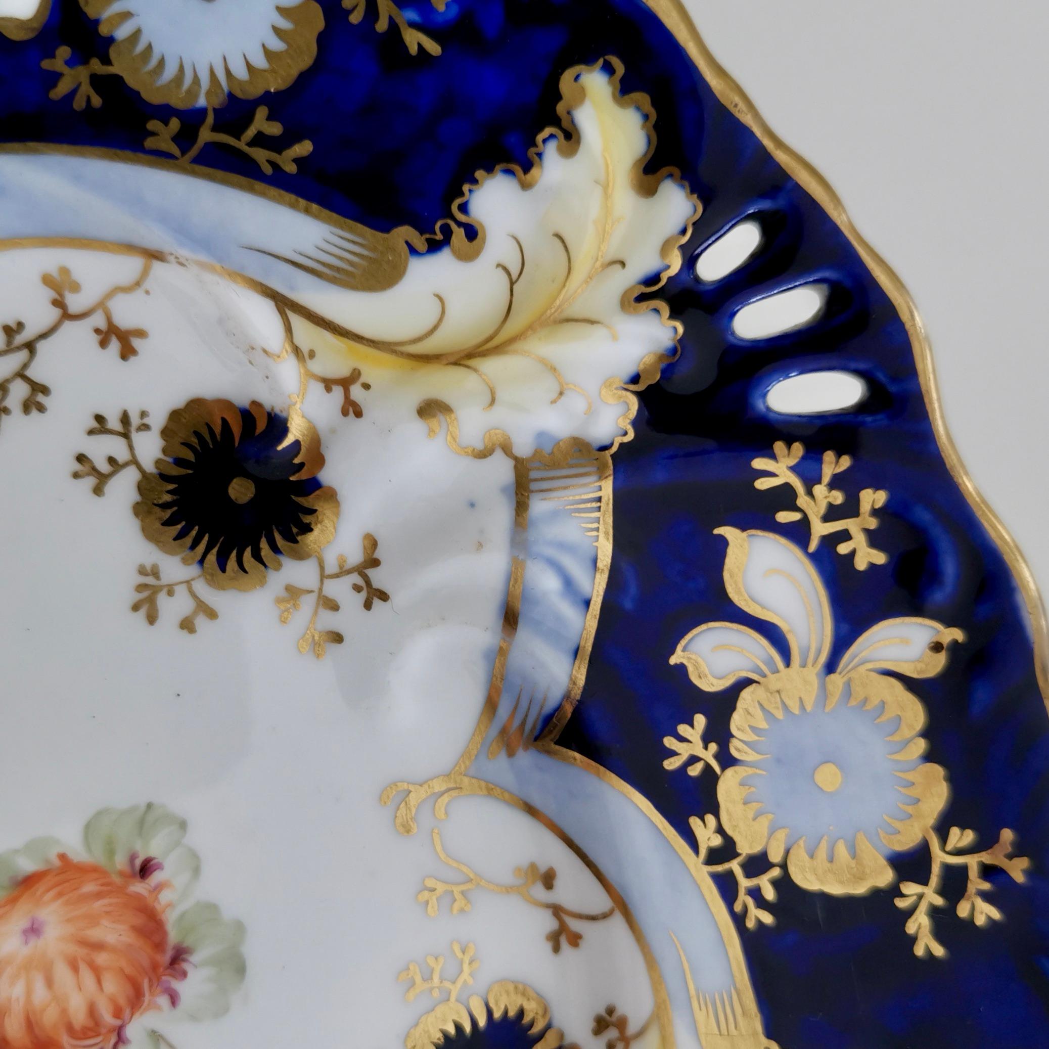 Mid-19th Century Samuel Alcock Porcelain Plate, Cobalt Blue, Flowers, Rococo Revival, ca 1845
