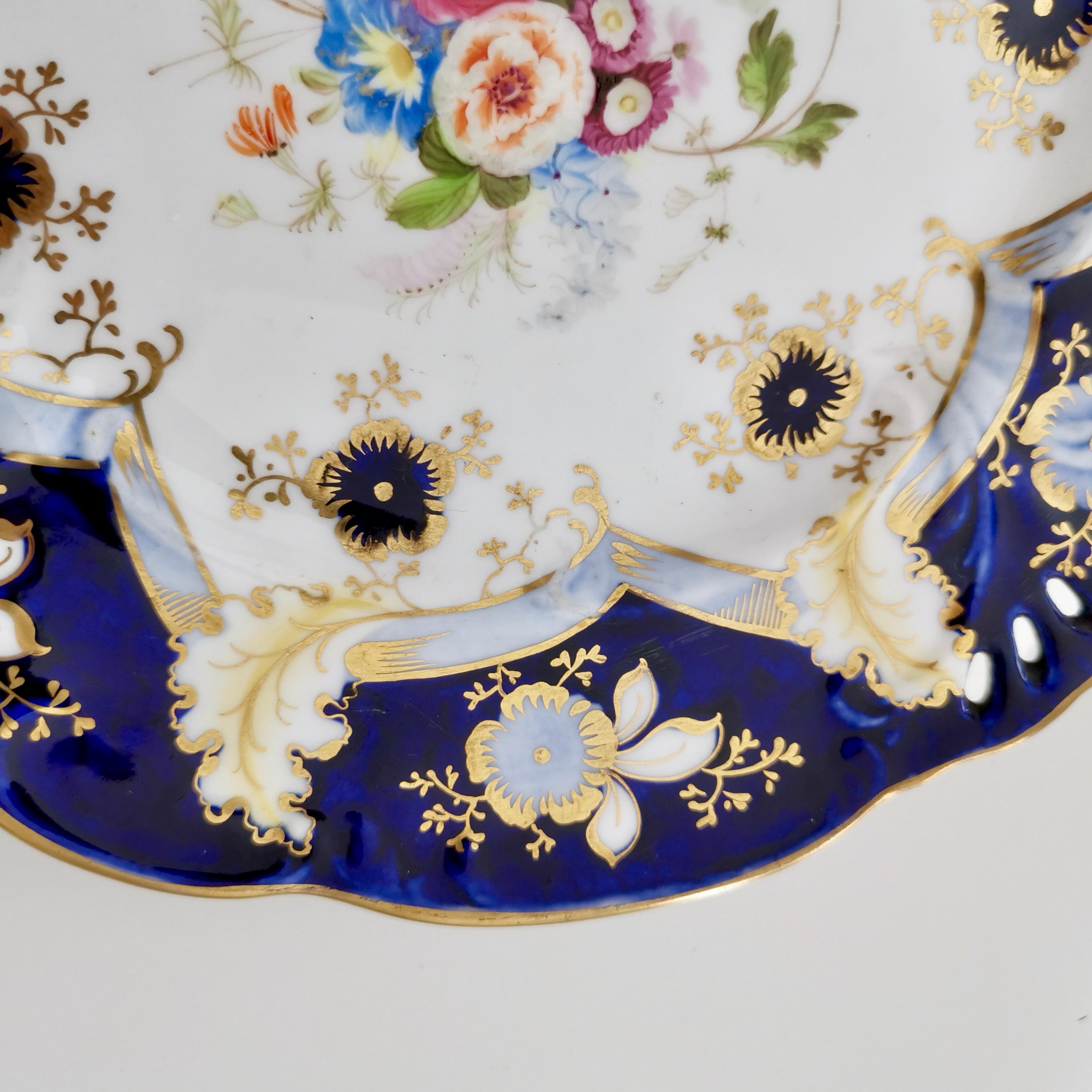 Samuel Alcock Porcelain Plate, Cobalt Blue, Flowers, Rococo Revival, ca 1845 1