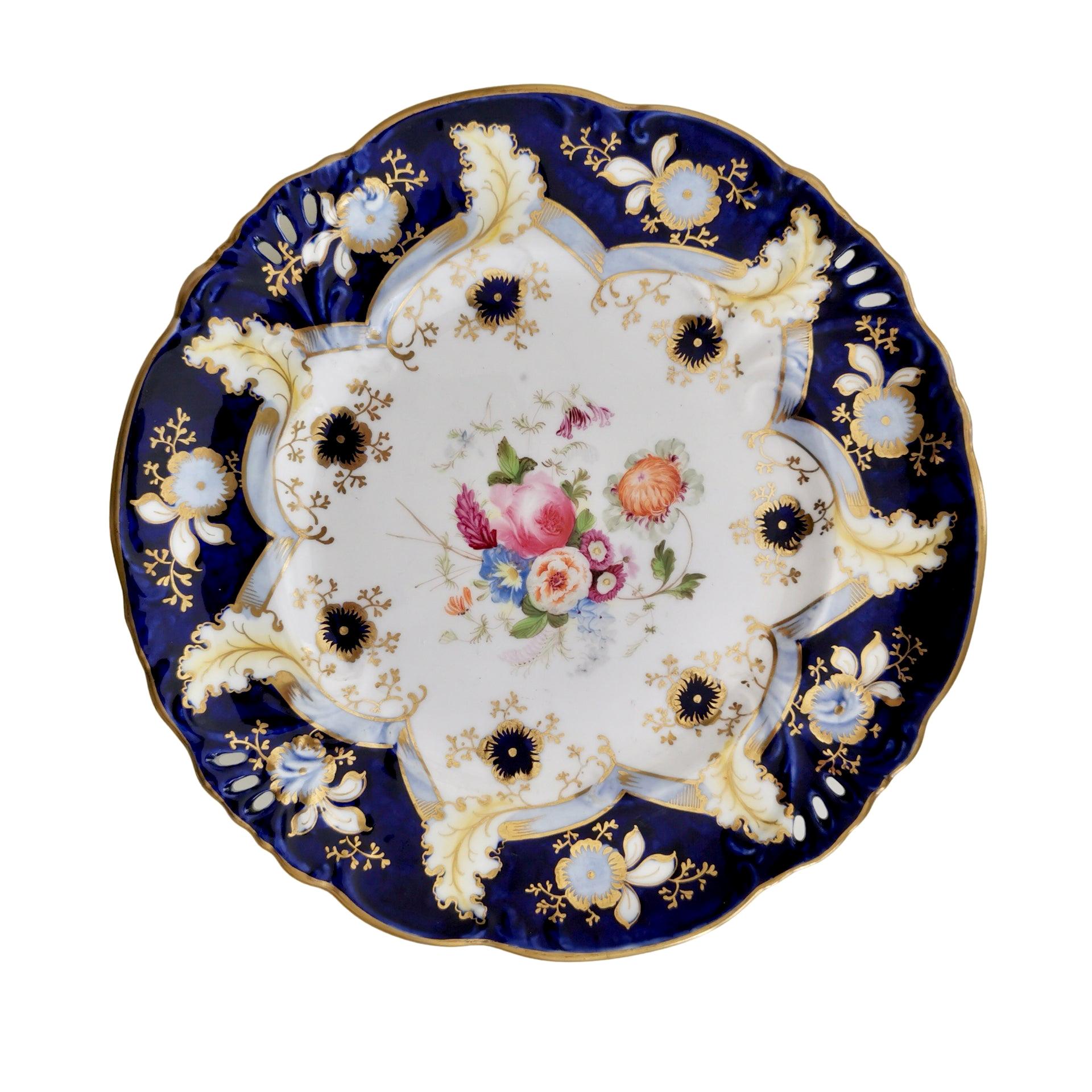 Samuel Alcock Porcelain Plate, Cobalt Blue, Flowers, Rococo Revival, ca 1845