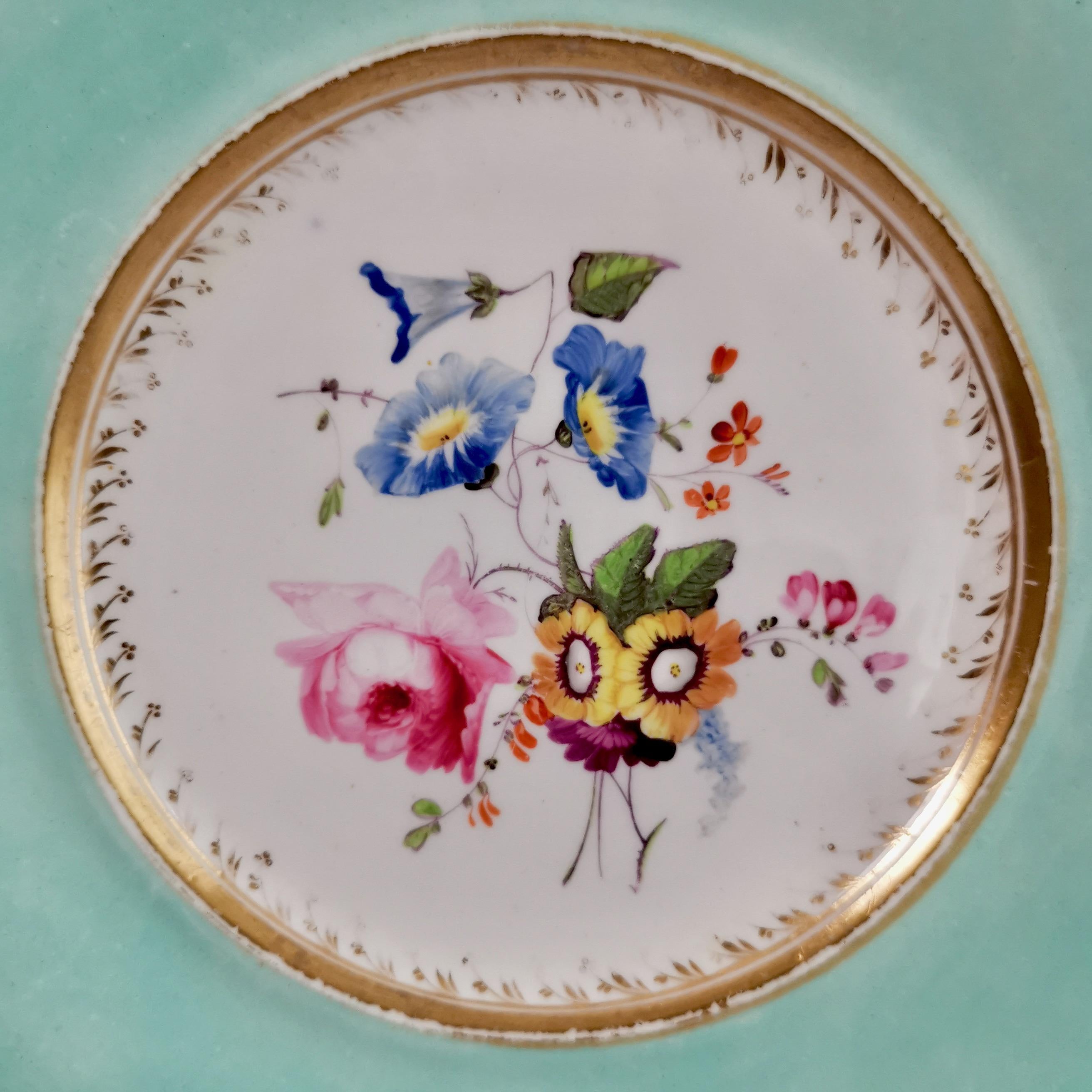 English Samuel Alcock Porcelain Plate, Flowers on Duck Egg Blue, Regency, circa 1820