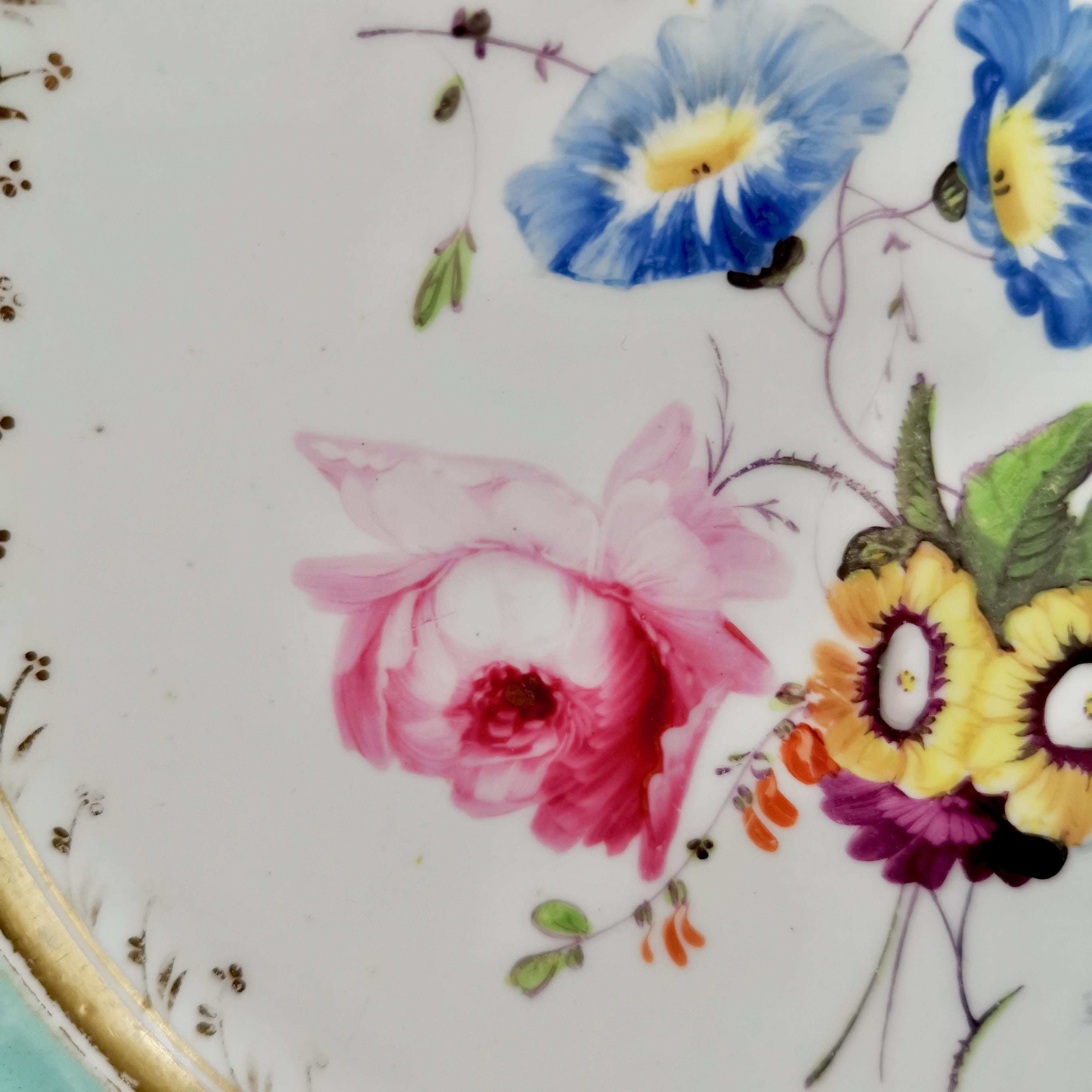 Hand-Painted Samuel Alcock Porcelain Plate, Flowers on Duck Egg Blue, Regency, circa 1820
