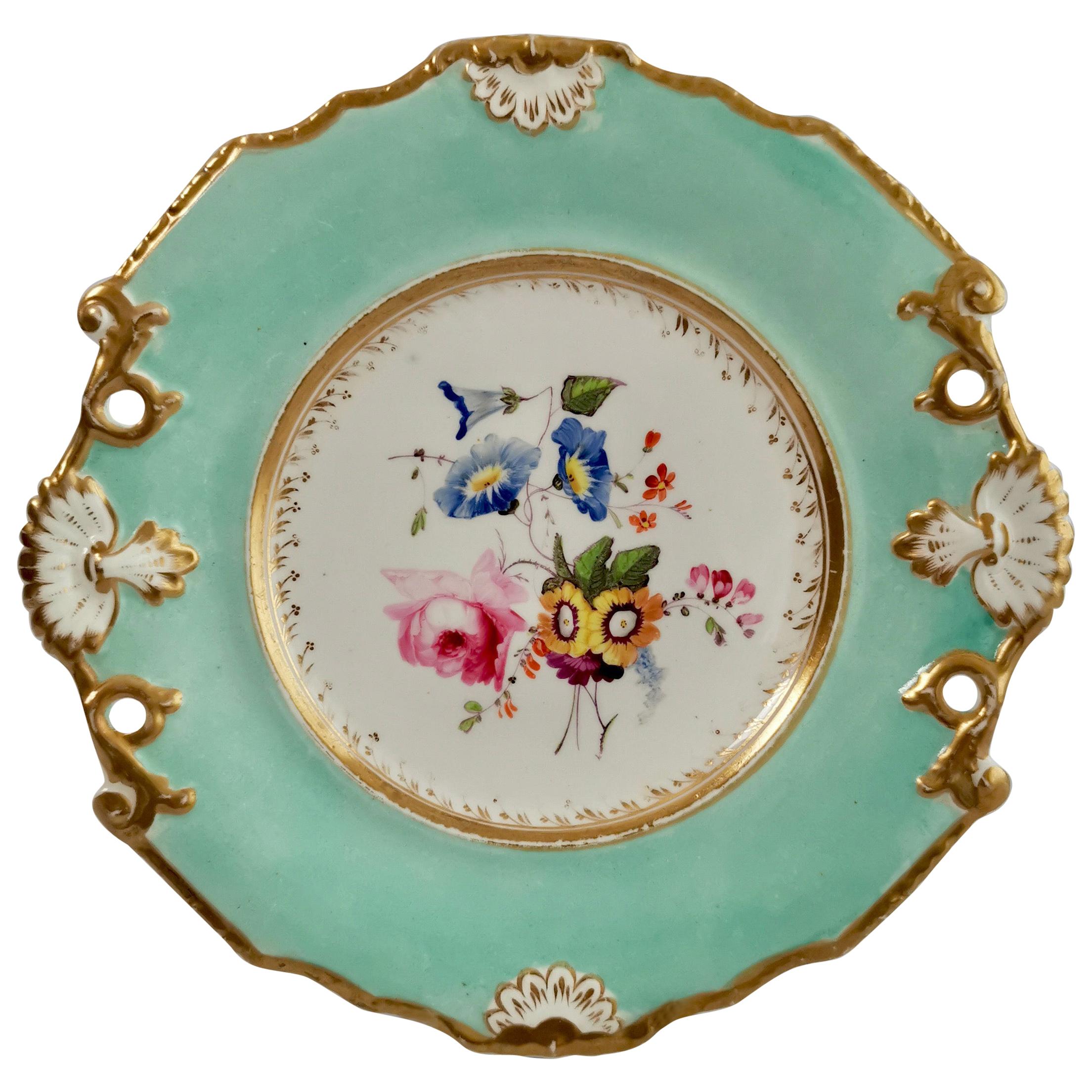 Samuel Alcock Porcelain Plate, Flowers on Duck Egg Blue, Regency, circa 1820