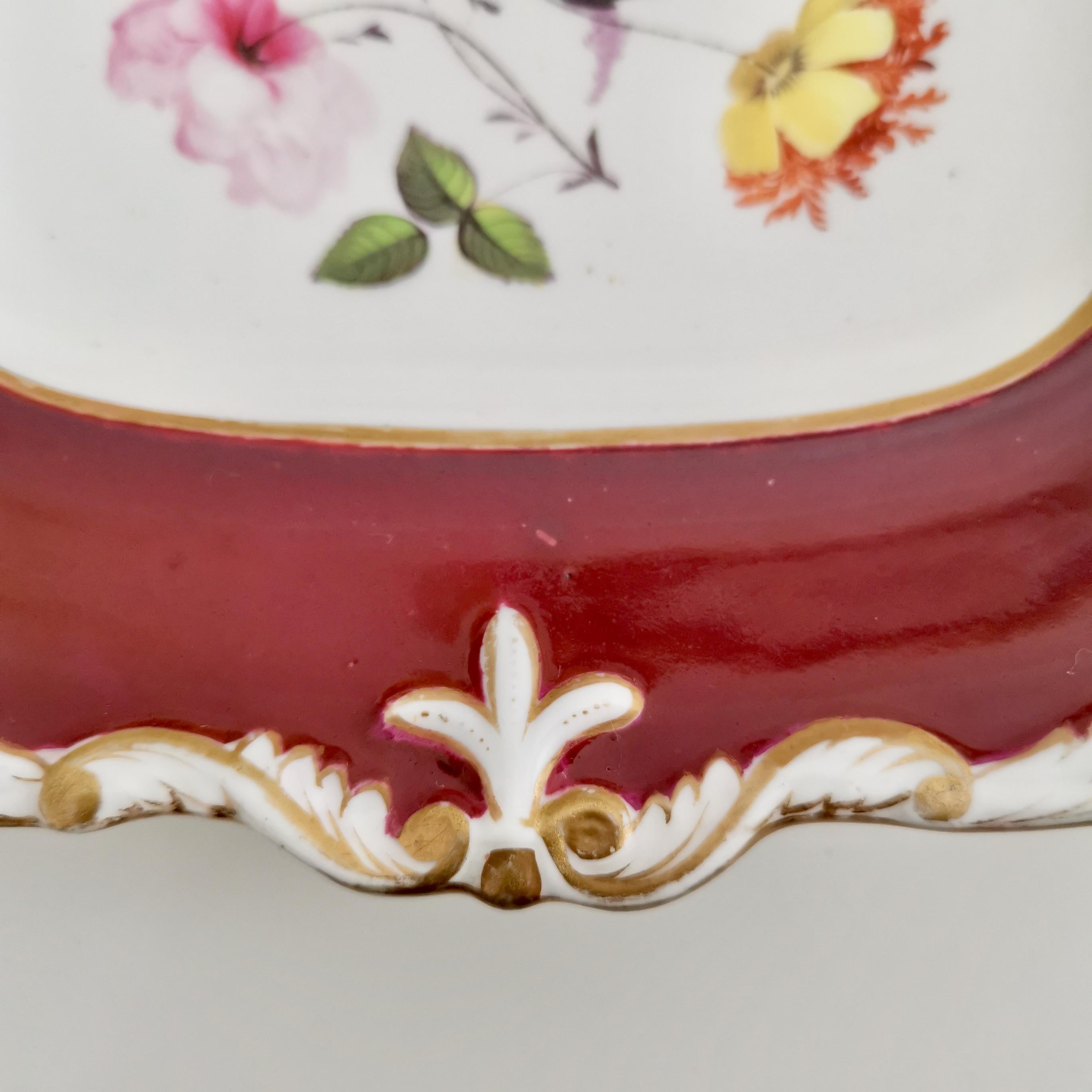 Samuel Alcock Porcelain Plate, Maroon with Flowers, Regency, ca 1825 For Sale 2