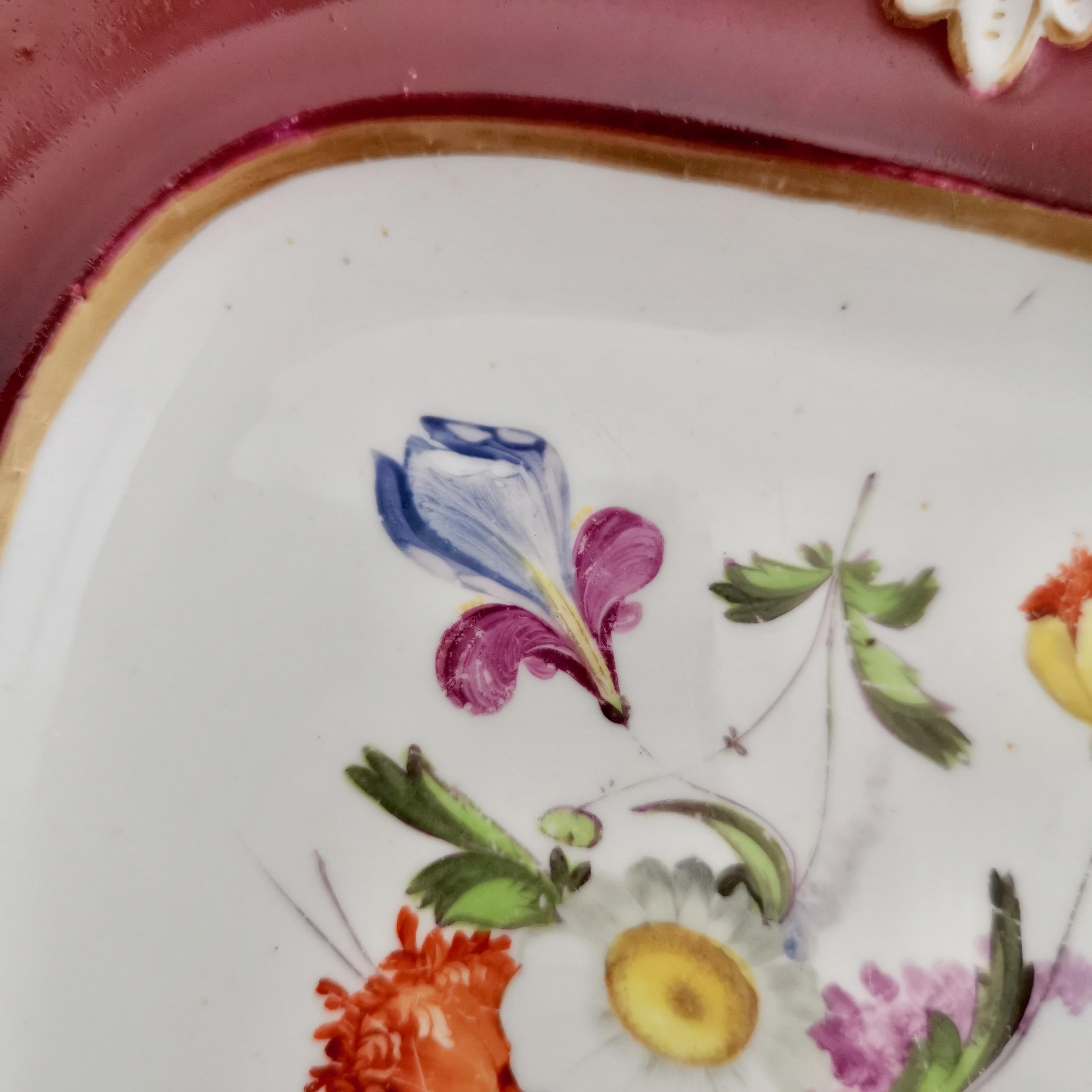 Samuel Alcock Porcelain Plate, Maroon with Flowers, Regency, ca 1825 For Sale 3