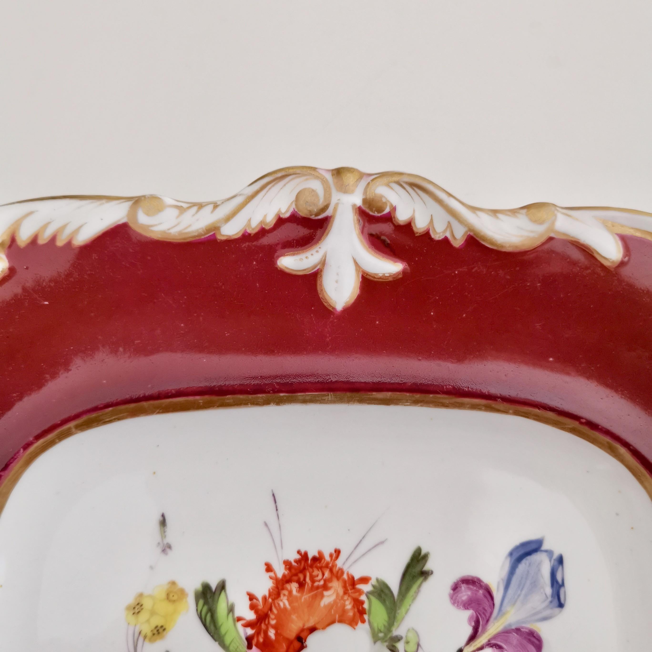 English Samuel Alcock Porcelain Plate, Maroon with Flowers, Regency, ca 1825 For Sale