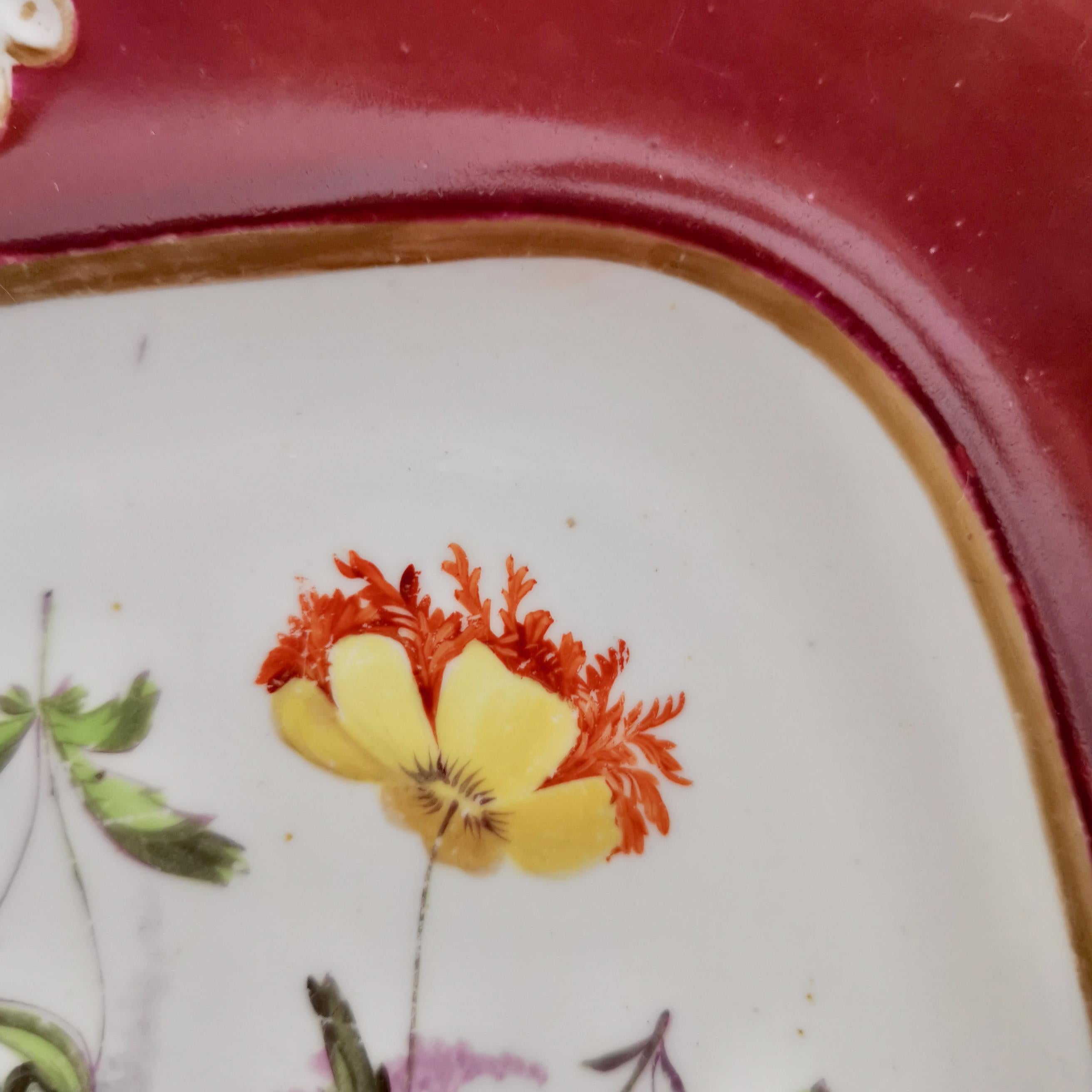 Samuel Alcock Porcelain Plate, Maroon with Flowers, Regency, ca 1825 In Good Condition For Sale In London, GB