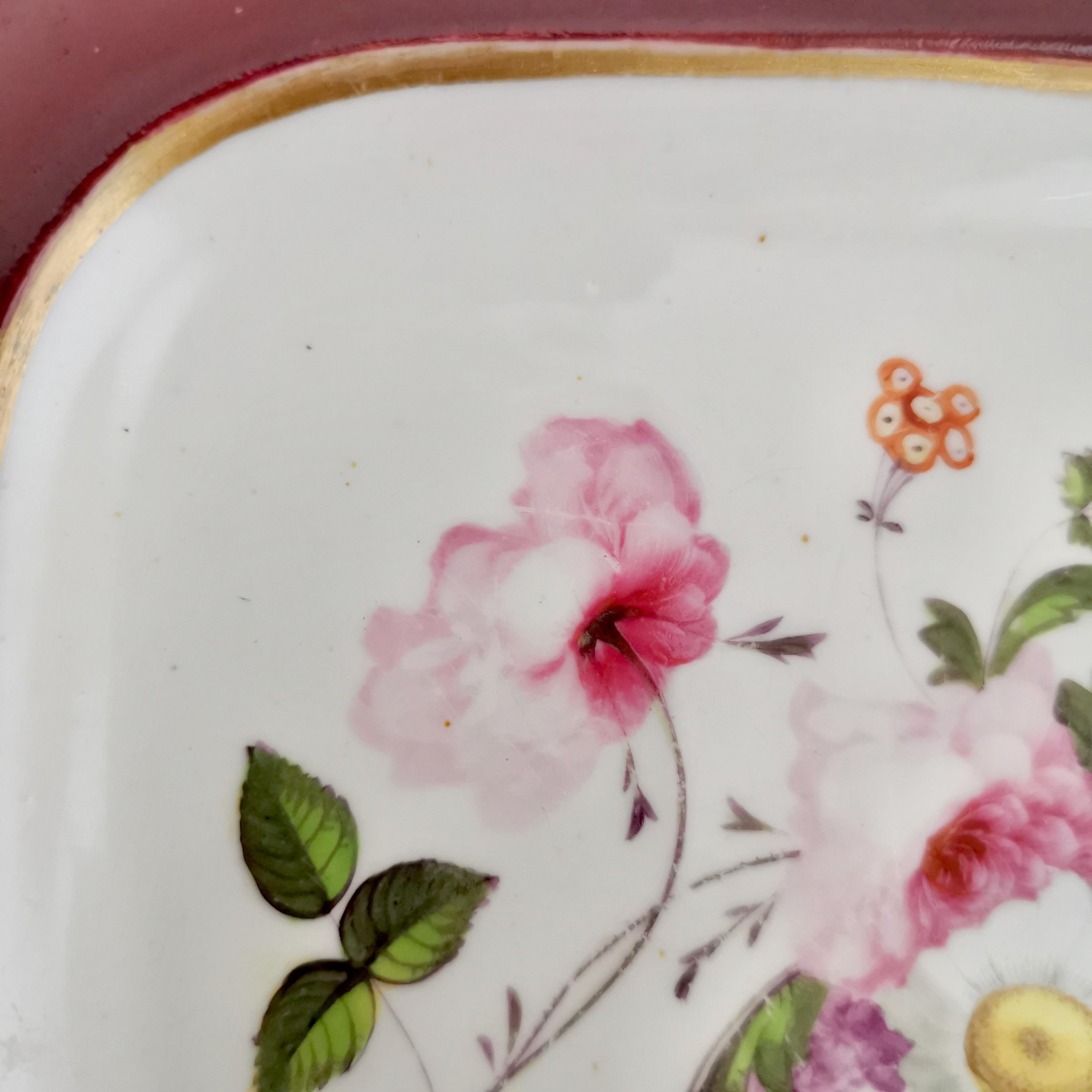 Early 19th Century Samuel Alcock Porcelain Plate, Maroon with Flowers, Regency, ca 1825 For Sale