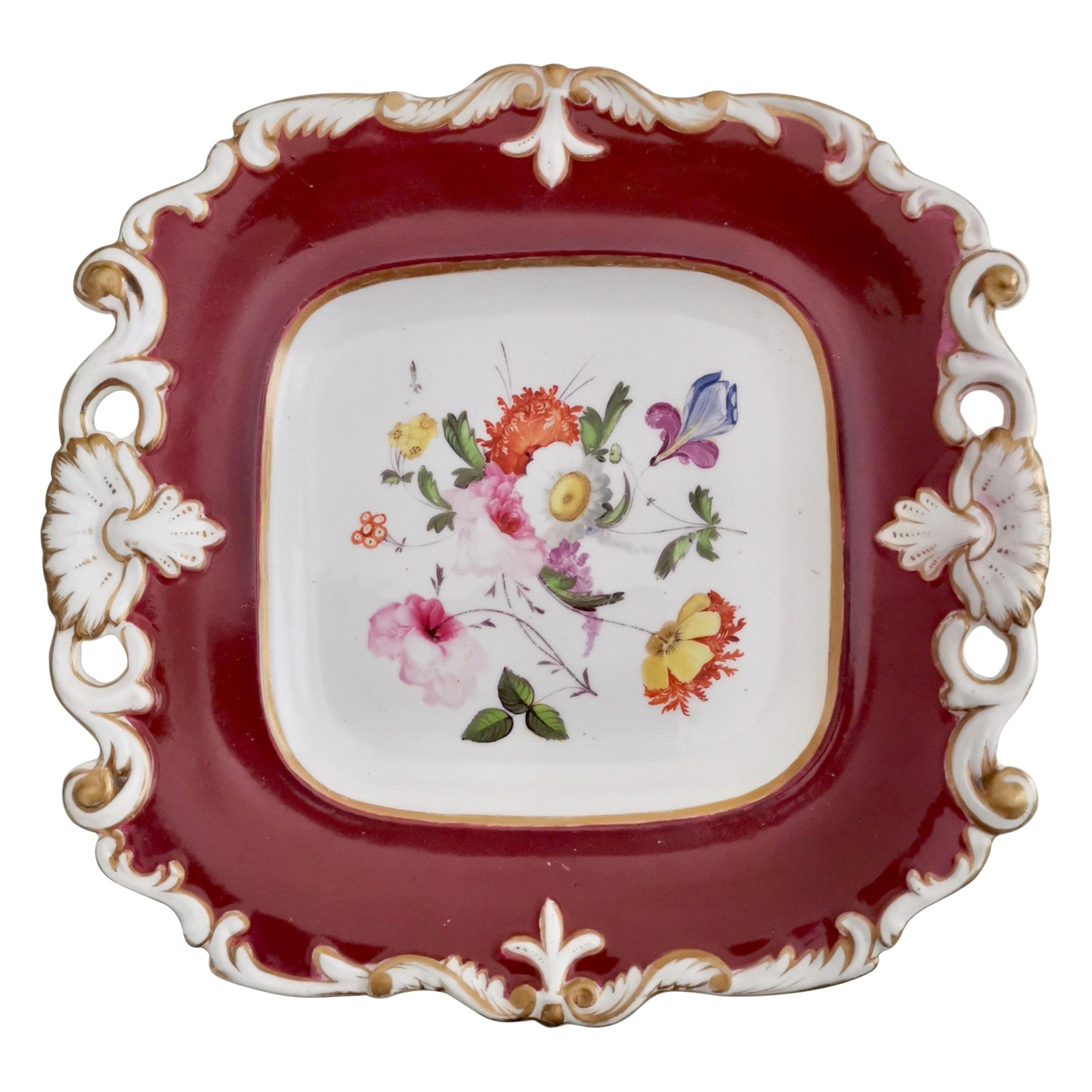 Samuel Alcock Porcelain Plate, Maroon with Flowers, Regency, ca 1825