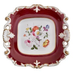 Vintage Samuel Alcock Porcelain Plate, Maroon with Flowers, Regency, ca 1825