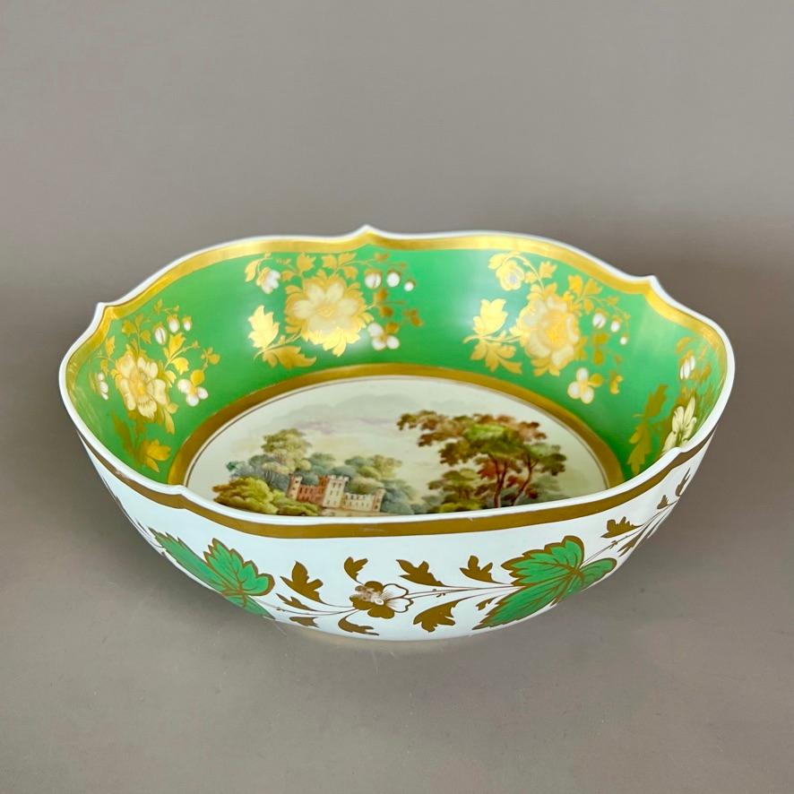 Regency Samuel Alcock Porcelain Punch Bowl, Emerald Green, Gilt, Landscape, ca 1826