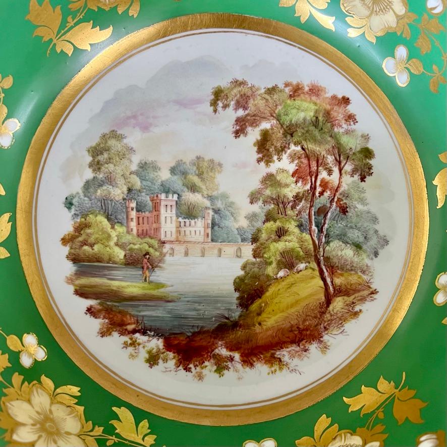 English Samuel Alcock Porcelain Punch Bowl, Emerald Green, Gilt, Landscape, ca 1826