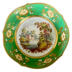 Samuel Alcock Porcelain Punch Bowl, Emerald Green, Gilt, Landscape, ca 1826