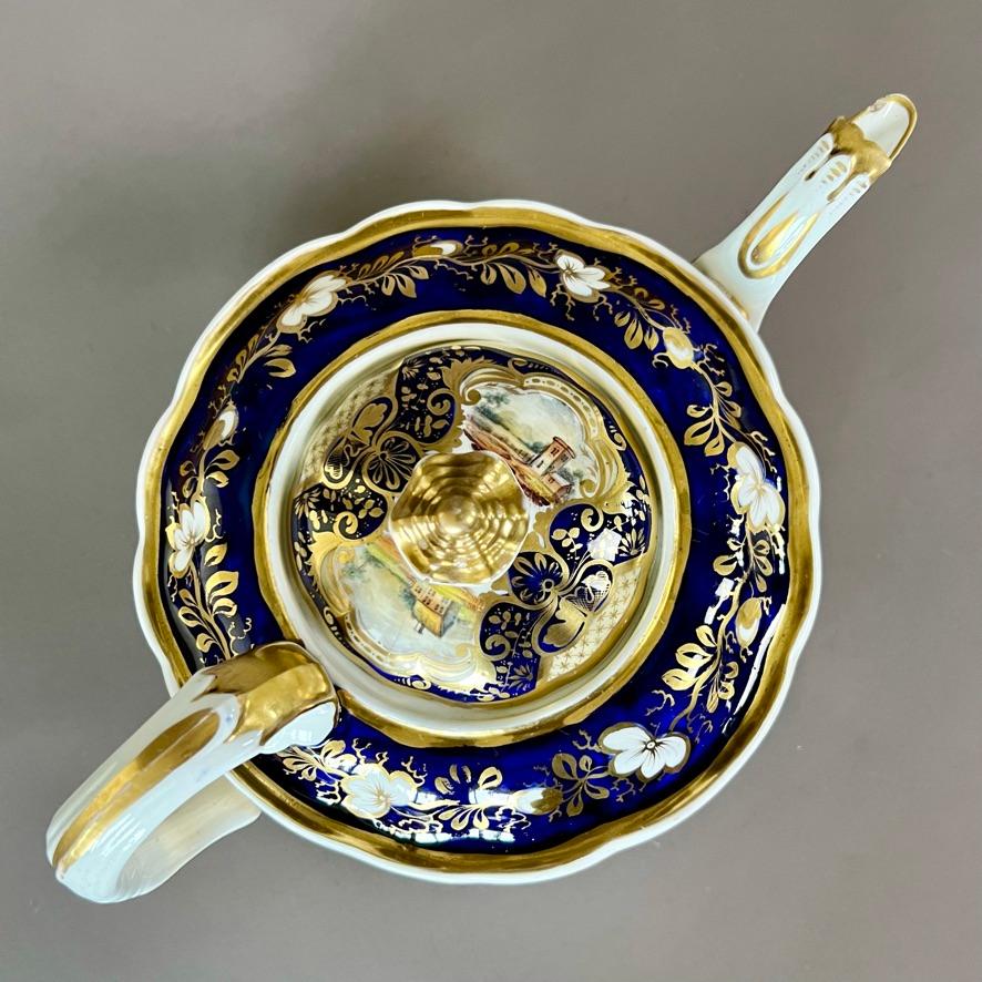 Regency Samuel Alcock Porcelain Solitaire Tea Set, Cobalt Blue, Gilt, Landscapes, ca1825 For Sale