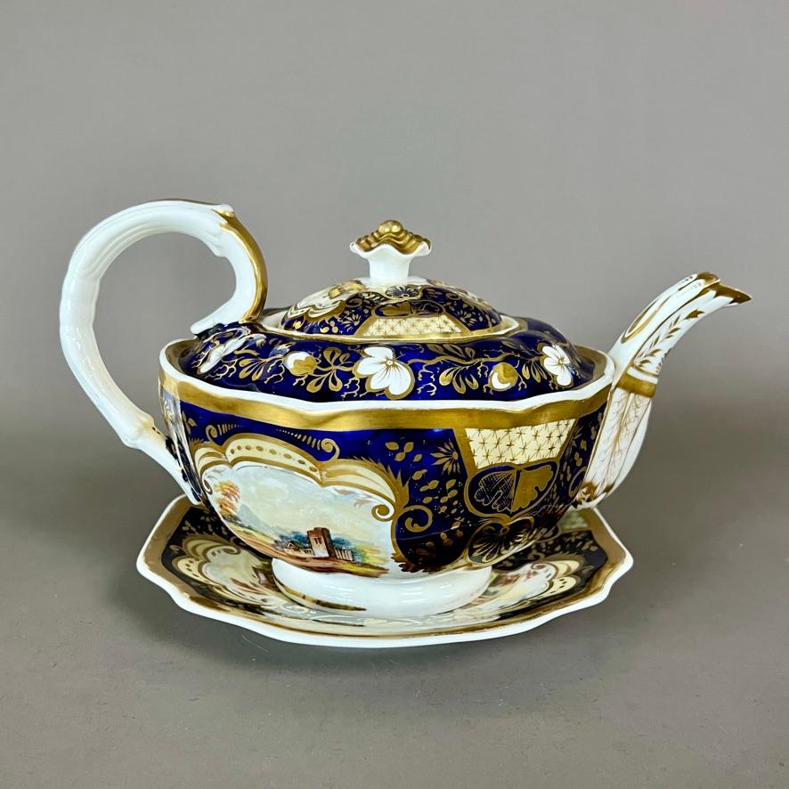 English Samuel Alcock Porcelain Solitaire Tea Set, Cobalt Blue, Gilt, Landscapes, ca1825 For Sale