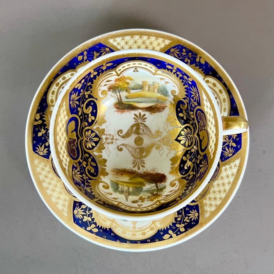 Samuel Alcock Porcelain Solitaire Tea Set, Cobalt Blue, Gilt, Landscapes, ca1825 In Good Condition For Sale In London, GB