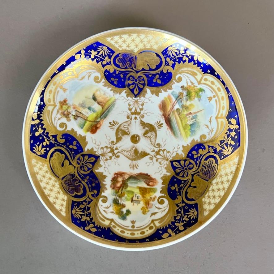 Early 19th Century Samuel Alcock Porcelain Solitaire Tea Set, Cobalt Blue, Gilt, Landscapes, ca1825 For Sale