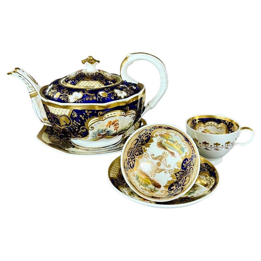 Samuel Alcock Porcelain Solitaire Tea Set, Cobalt Blue, Gilt, Landscapes, ca1825