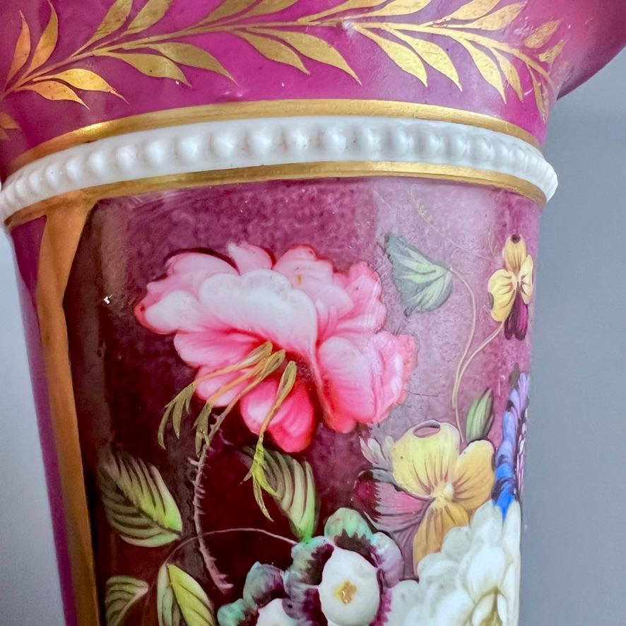 Hand-Painted Samuel Alcock Porcelain Spill Vase, Maroon with Flowers, Regency ca 1825