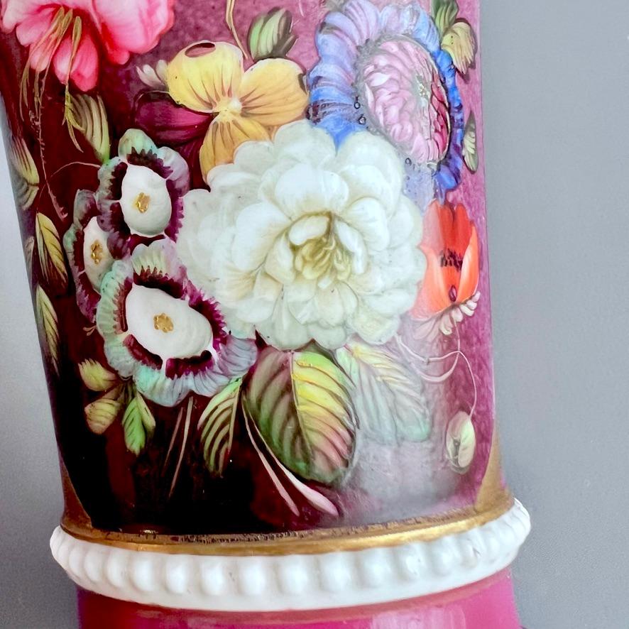 Samuel Alcock Porcelain Spill Vase, Maroon with Flowers, Regency ca 1825 1