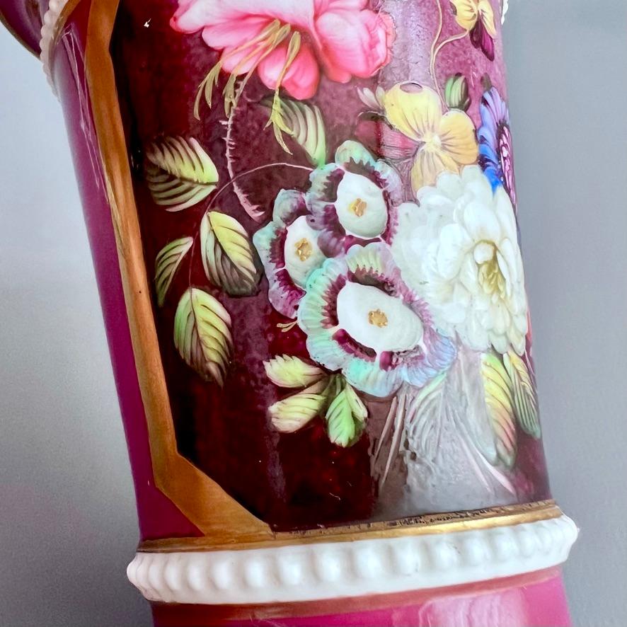 Samuel Alcock Porcelain Spill Vase, Maroon with Flowers, Regency ca 1825 2