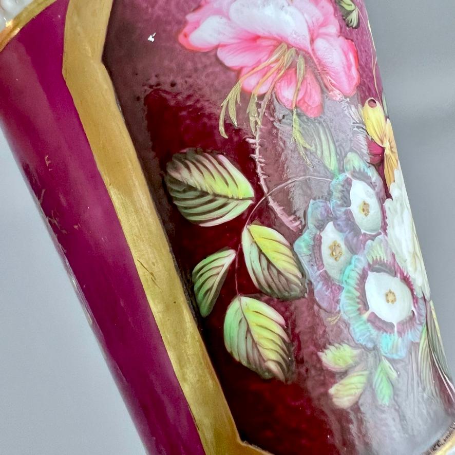 Samuel Alcock Porcelain Spill Vase, Maroon with Flowers, Regency ca 1825 3