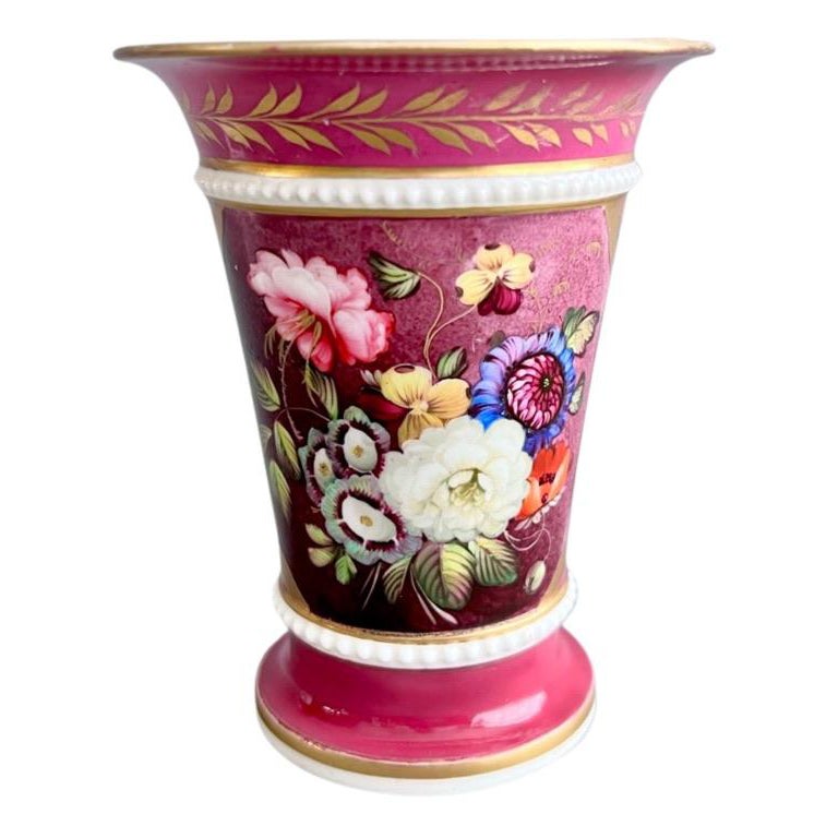 Samuel Alcock Porcelain Spill Vase, Maroon with Flowers, Regency ca 1825