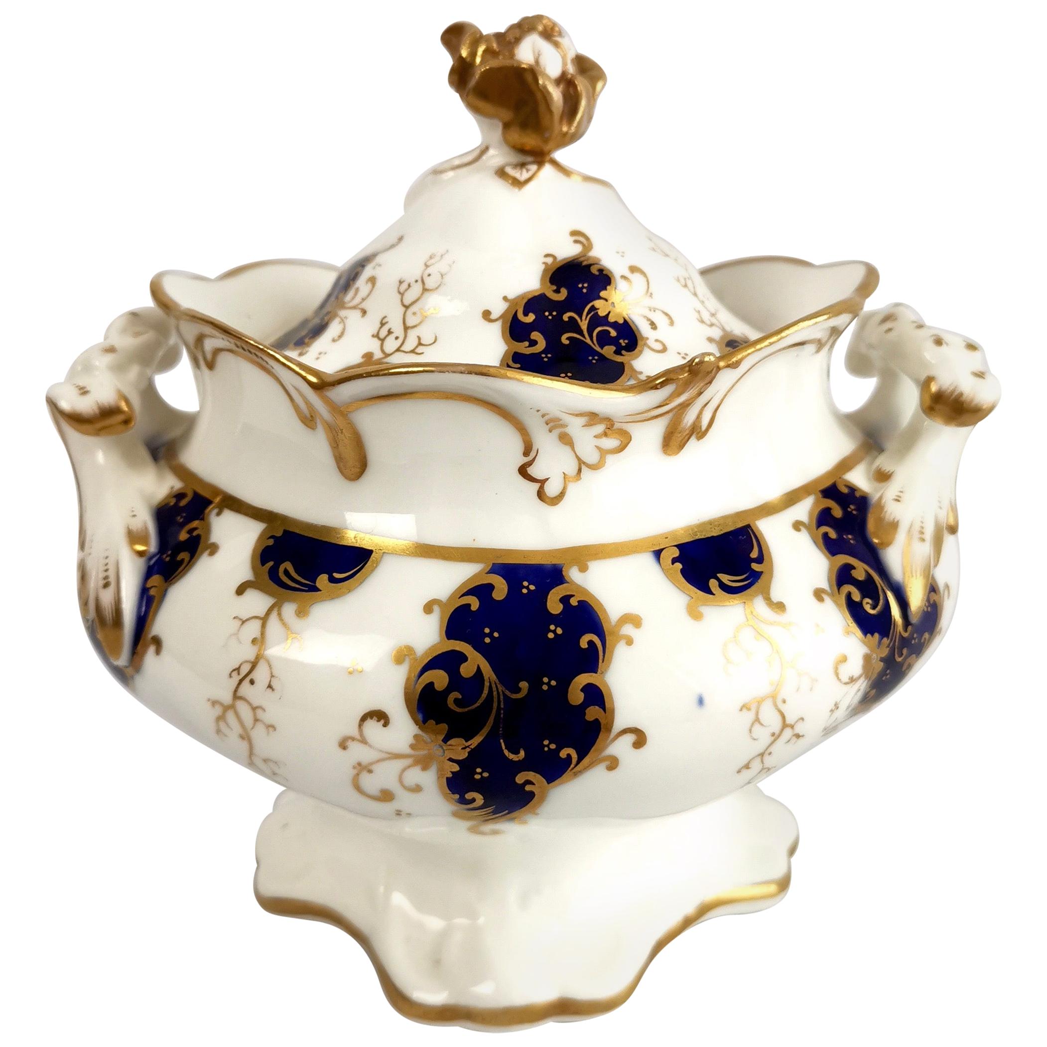 Samuel Alcock Porcelain Sucrier, Cobalt Blue and Gilt, Rococo Revival circa 1840