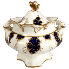 Sucrier en porcelaine de Samuel Alcock, bleu cobalt et doré, néo-rococo, vers 1840