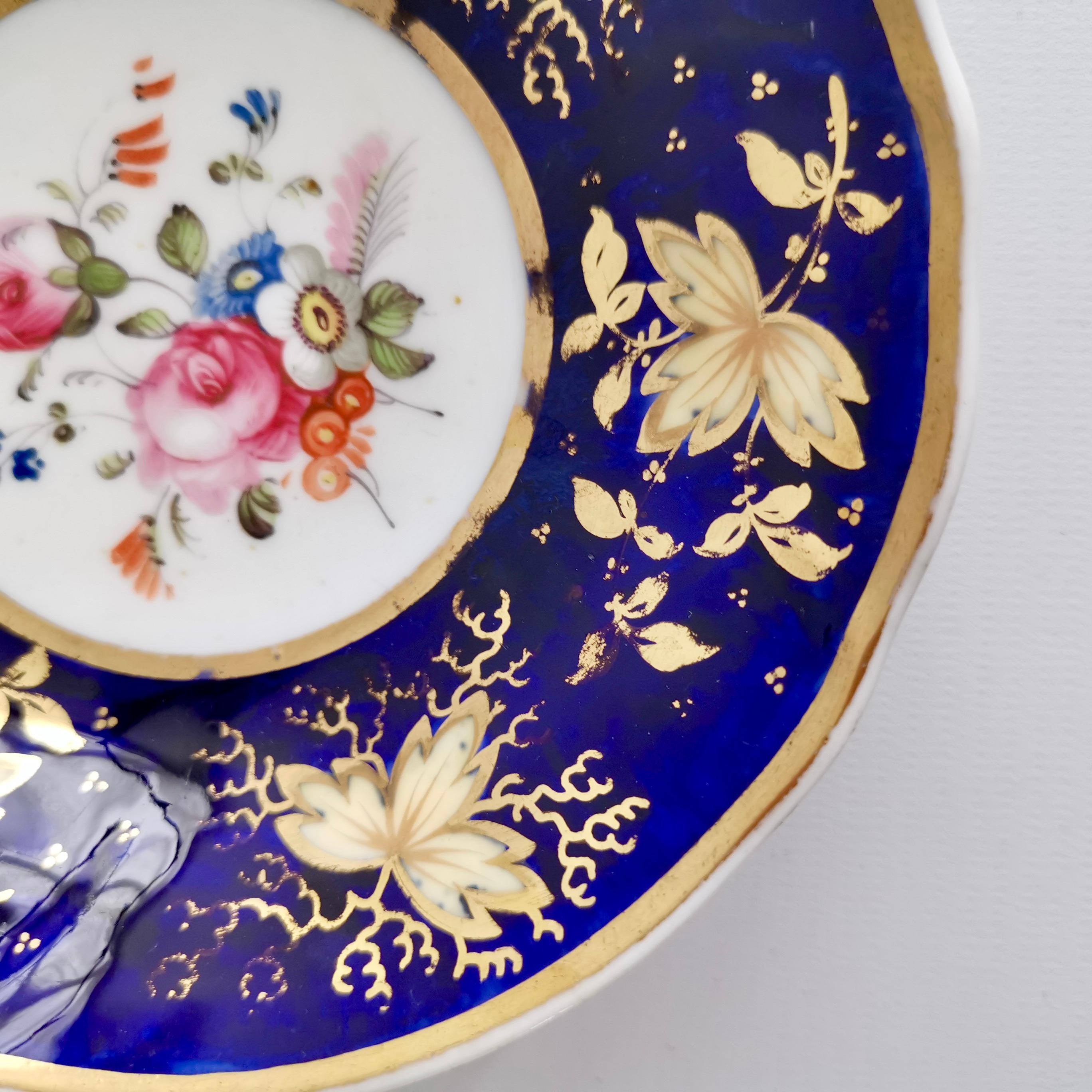 Samuel Alcock Porcelain Teacup Trio, Cobalt Blue with Flowers, Regency ca 1820 2