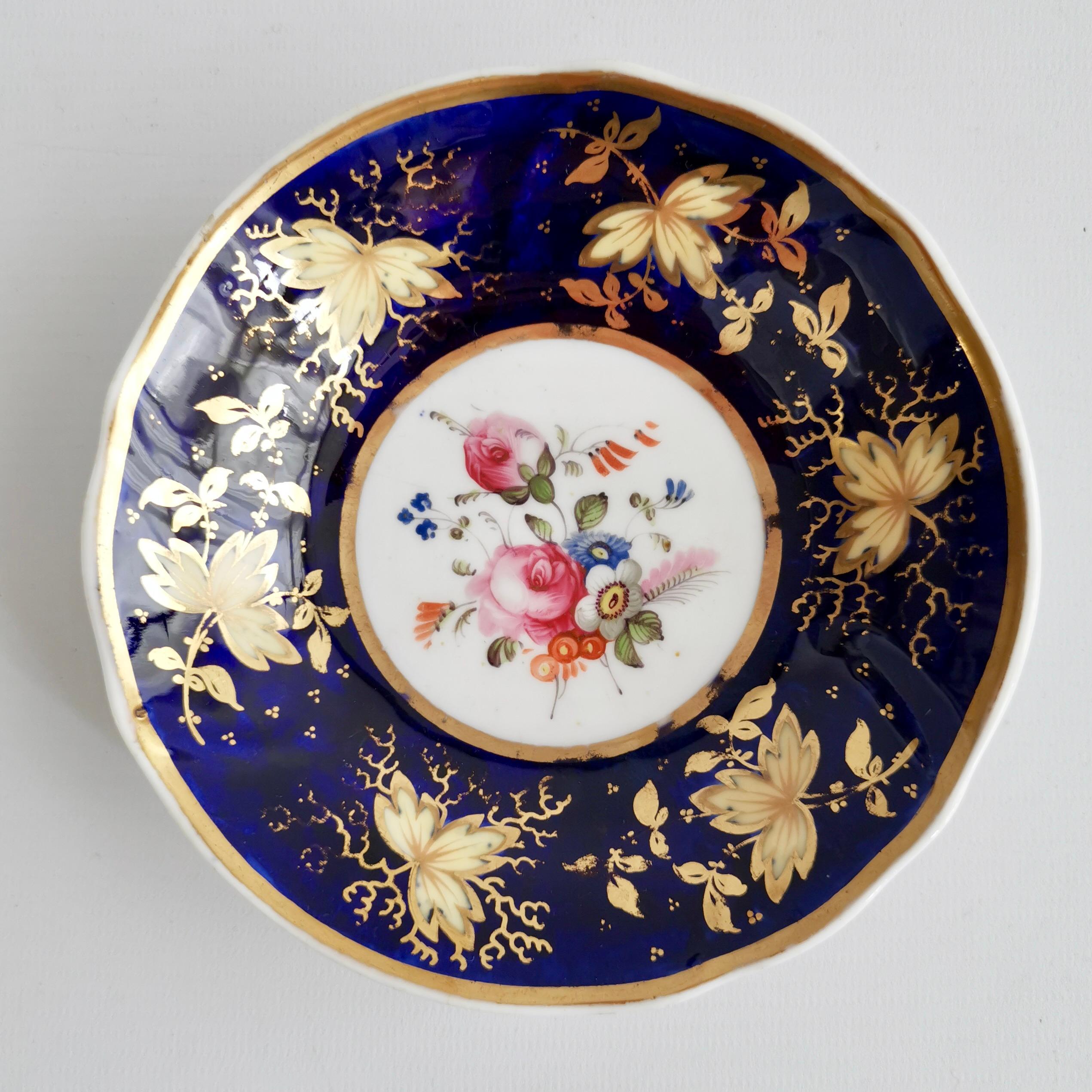 Hand-Painted Samuel Alcock Porcelain Teacup Trio, Cobalt Blue with Flowers, Regency ca 1820