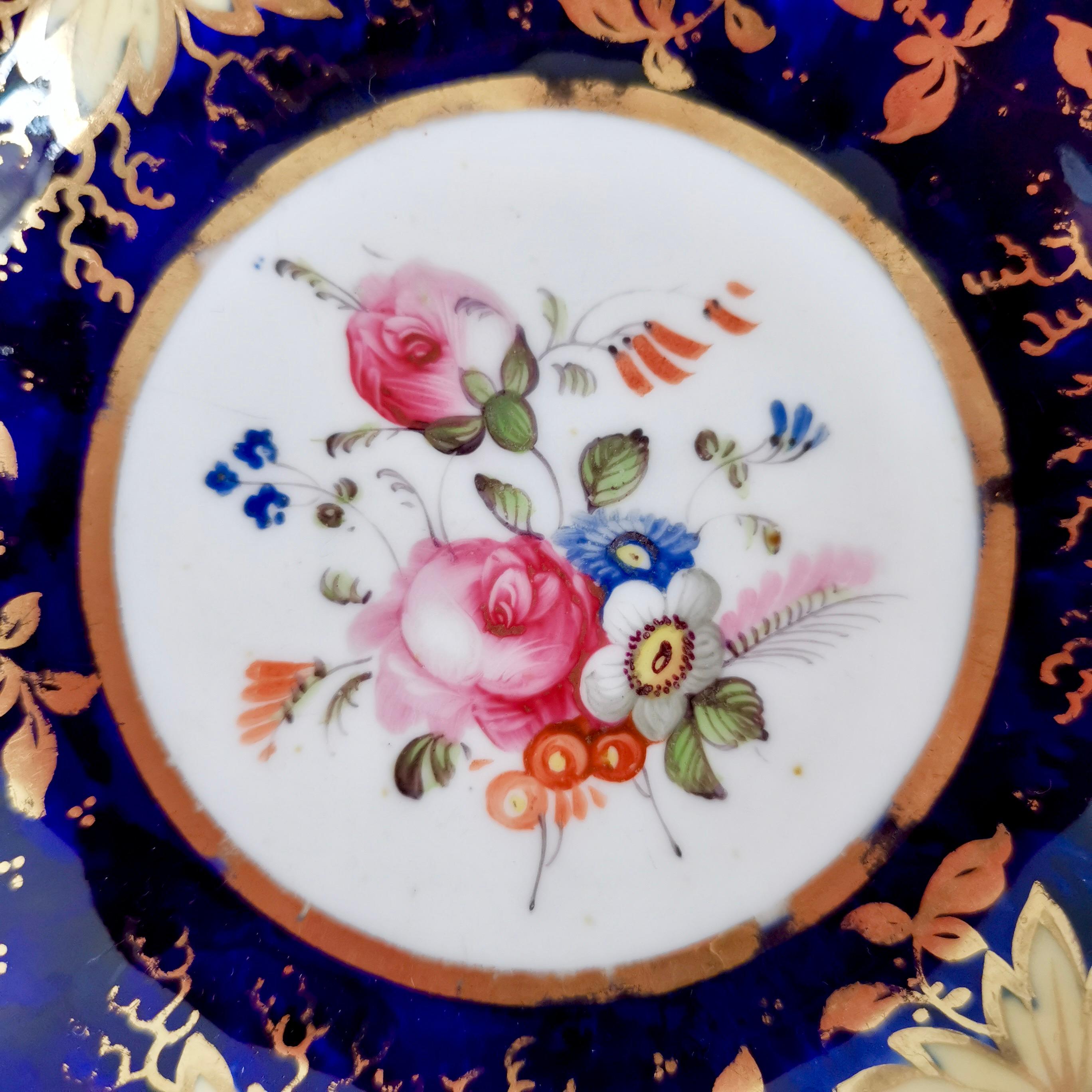 Samuel Alcock Porcelain Teacup Trio, Cobalt Blue with Flowers, Regency ca 1820 1